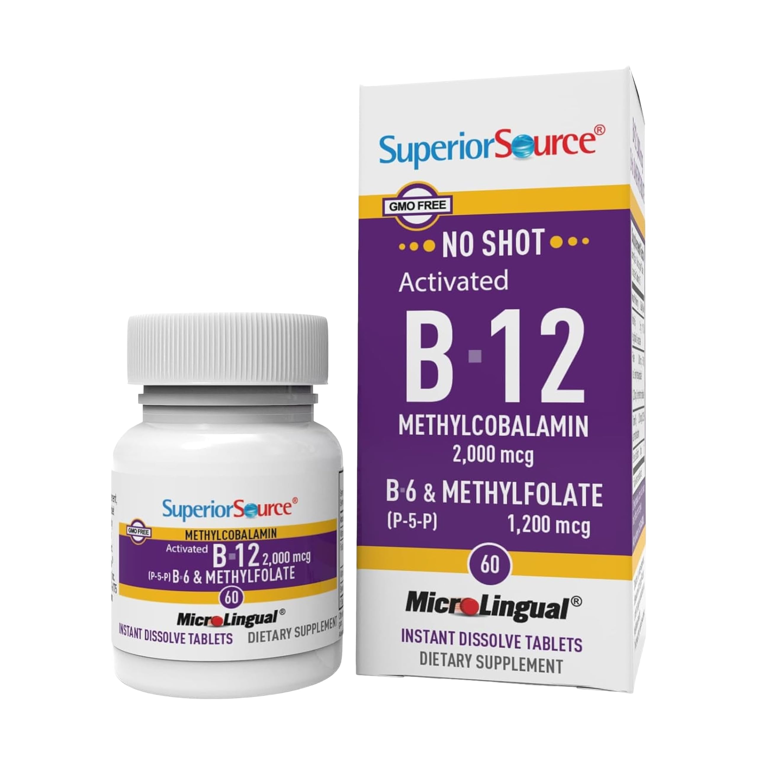 Superior Source No Shot Vitamin B-12 Methylcobalamin 2000 mcg, B-6, & Methylfolate 1200 mcg - Supports Energy, Brain, and Heart Health - Bariatric Friendly - 60 Sublingual Dissolving Tablets