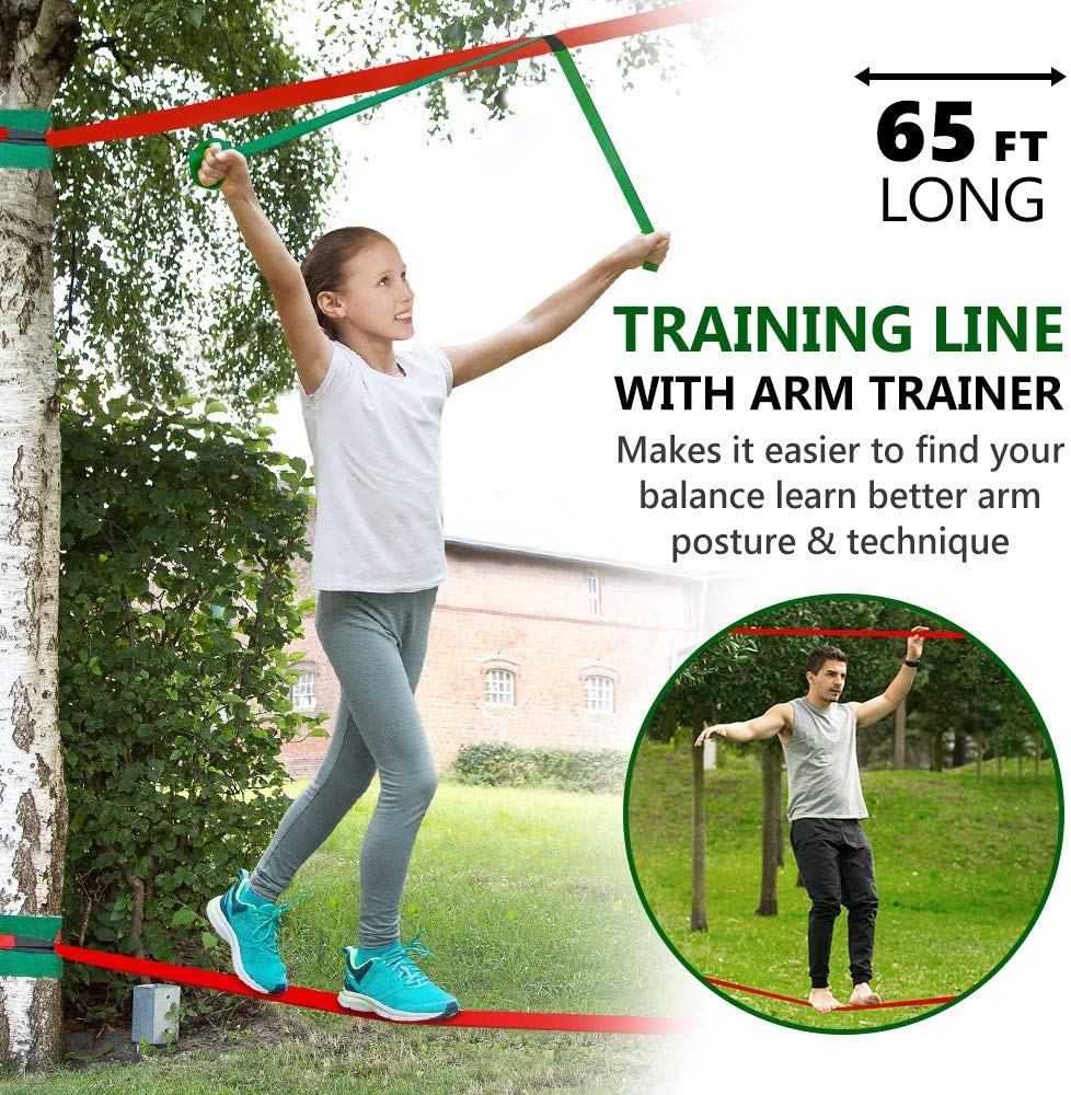 Dripex Slackline Kinder, Ninja Slackline 2×20m und Ninja Warrior Hindernisparcours Garten im Freien,Ninja Parcours Kinder mit Schaukel, Kletterleiter, Kletternetz und Baumschutz, geeignet für Anfänger