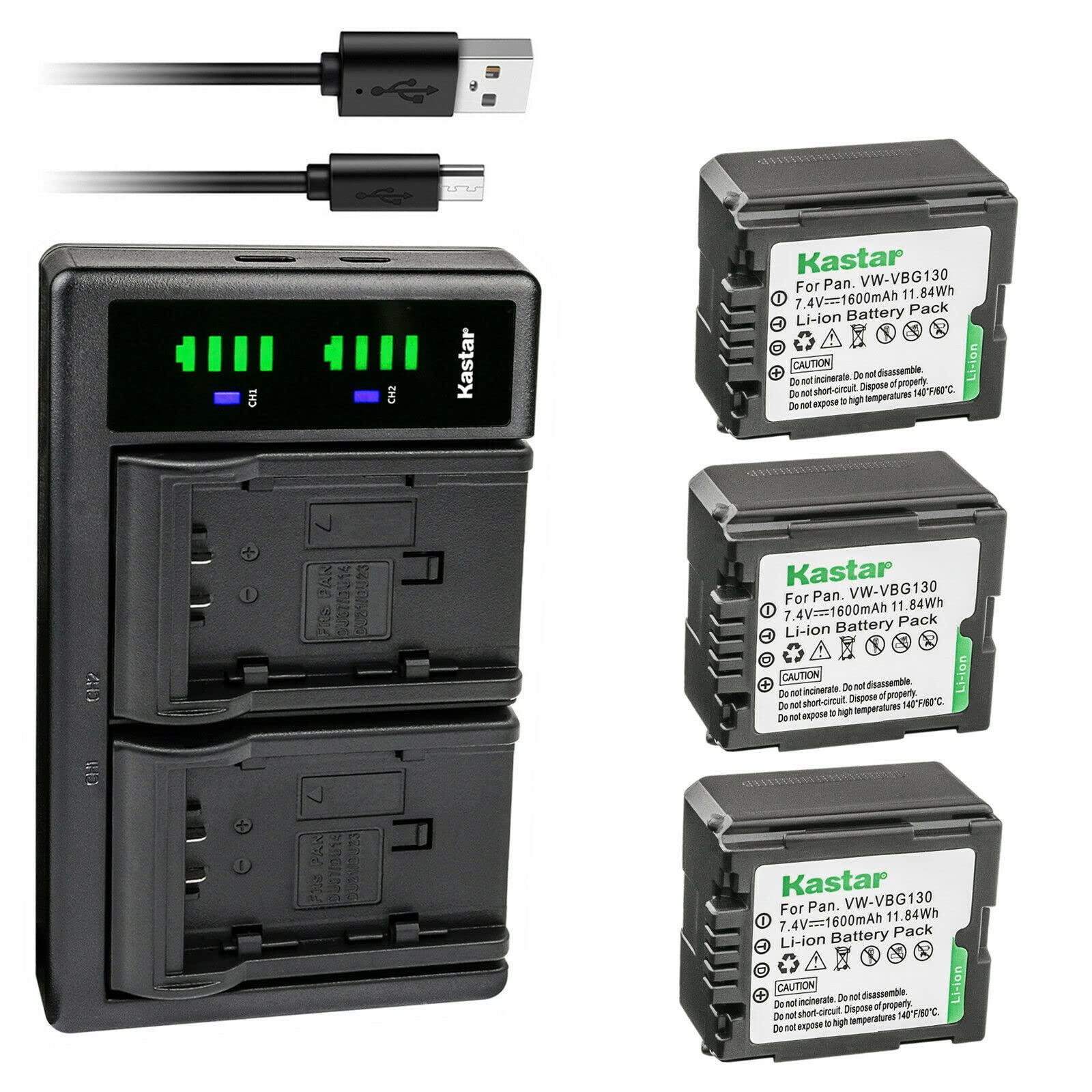 Kastar 3-Pack VW-VBG130 Battery and LTD2 USB Charger Replacement for Panasonic NV-GS98GK, NV-GS320, NV-GS330, NV-GS500, PV-GS320, PV-GS500, PV-GS80, PV-GS83, PV-GS85, PV-GS90, SDR-H40 Camera