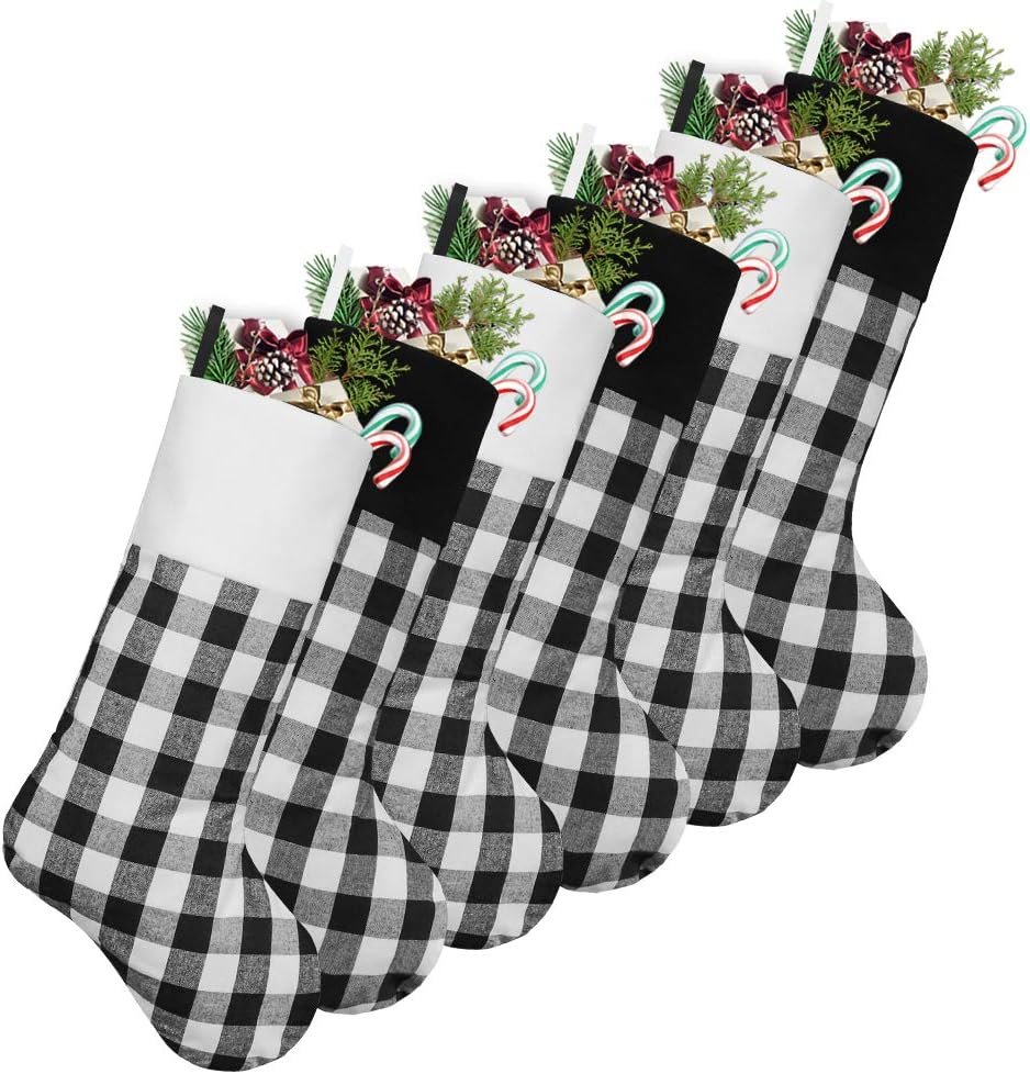 LimBridgeChristmas Stockings, 6 Pack 18 inches Buffalo Plaid with Plush Cuff, Classic Stocking Decorations for Whole Family, Black and White