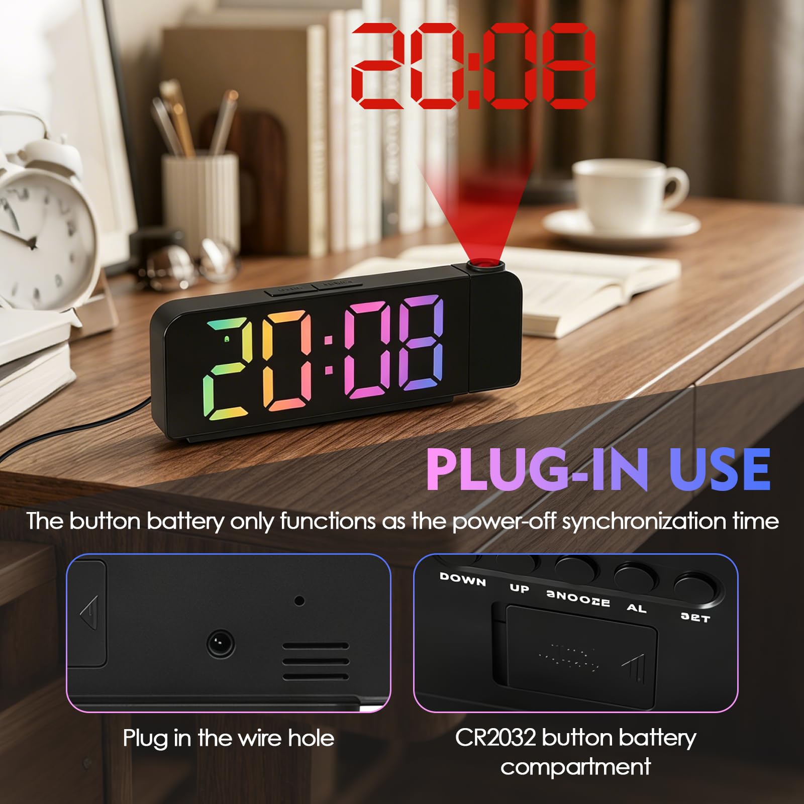 Reloj Despertador Digital con Proyector 180° RGB, 7" Pantalla LED, Temperatura y Fecha, USB Carga, Brillo Ajustable 12/24H