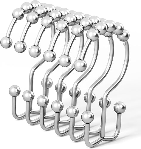 DAWNER Ganchos para cortina de ducha inoxidables, juego de 12 anillos de acero inoxidable de doble deslizamiento, acabado cromado pulido para barras