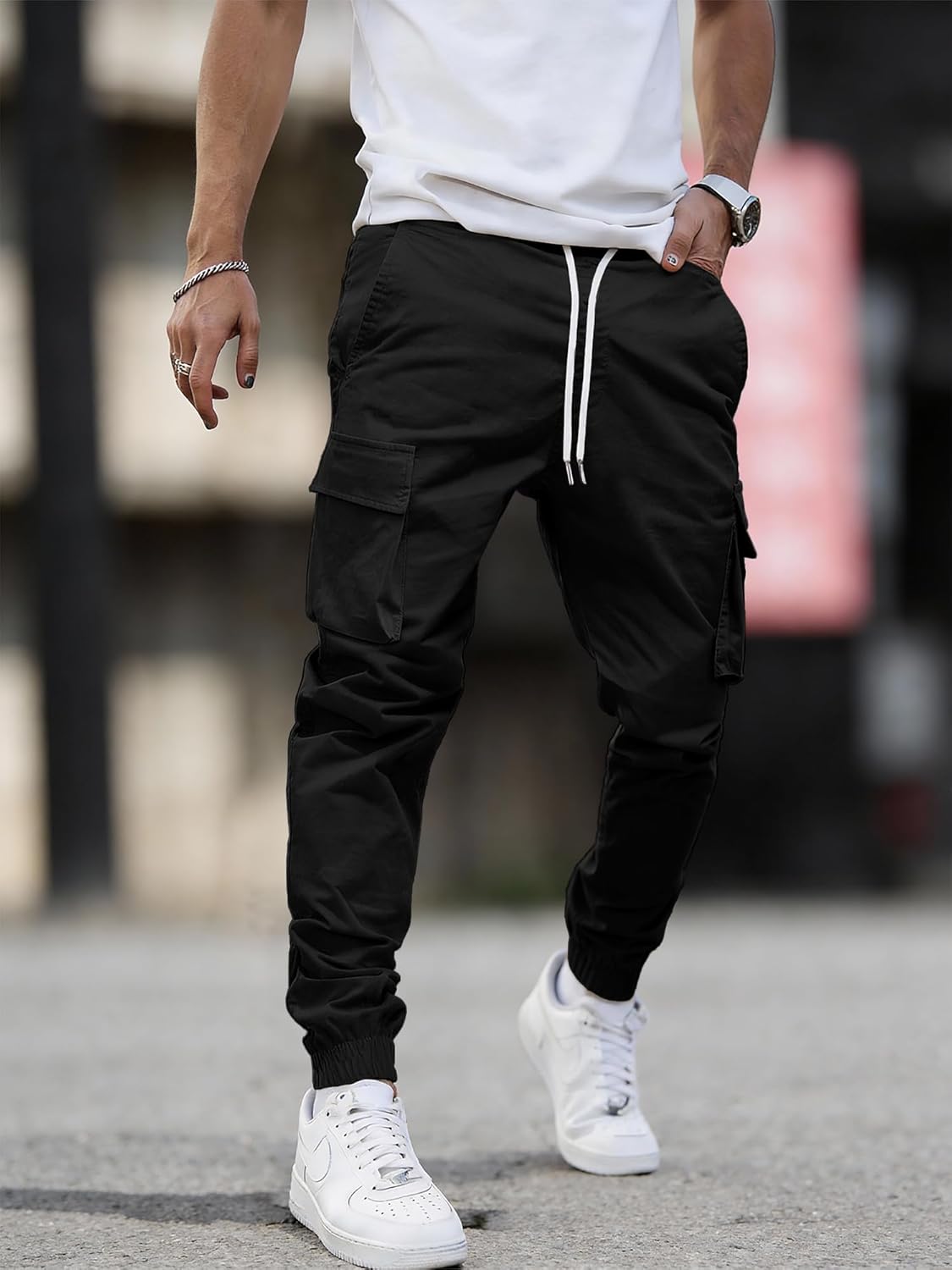 Mens Casual Cargo Joggers Pants—Pure Cotton Chino Pants Drawstring Hiking Outdoor Twill Sweatpants with Zipper Pocket - Image 2