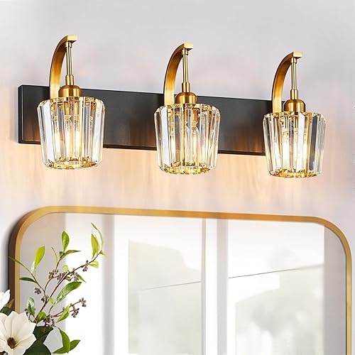 Miniatura 48 de Luces de tocador de cristal cromadas de 4 luces, modernas lámparas de baño de cristal sobre espejo de 32.67 pulgadas de largo para baño Cromo