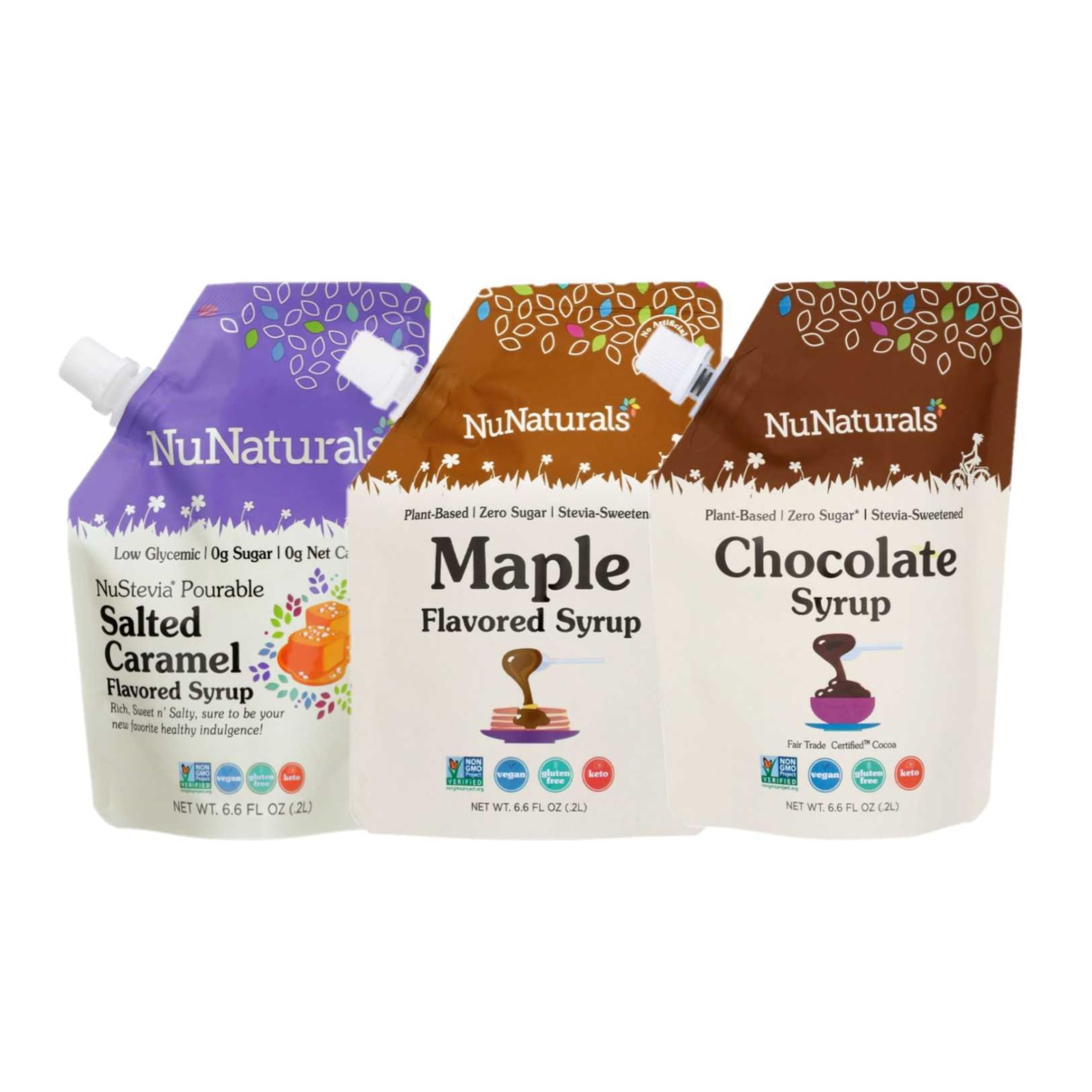 NuNaturals Pourable Maple, Caramel, Chocolate Stevia Syrup, Sugar-Free Syrup 6.6oz 3 Pack (Multi-Pack)