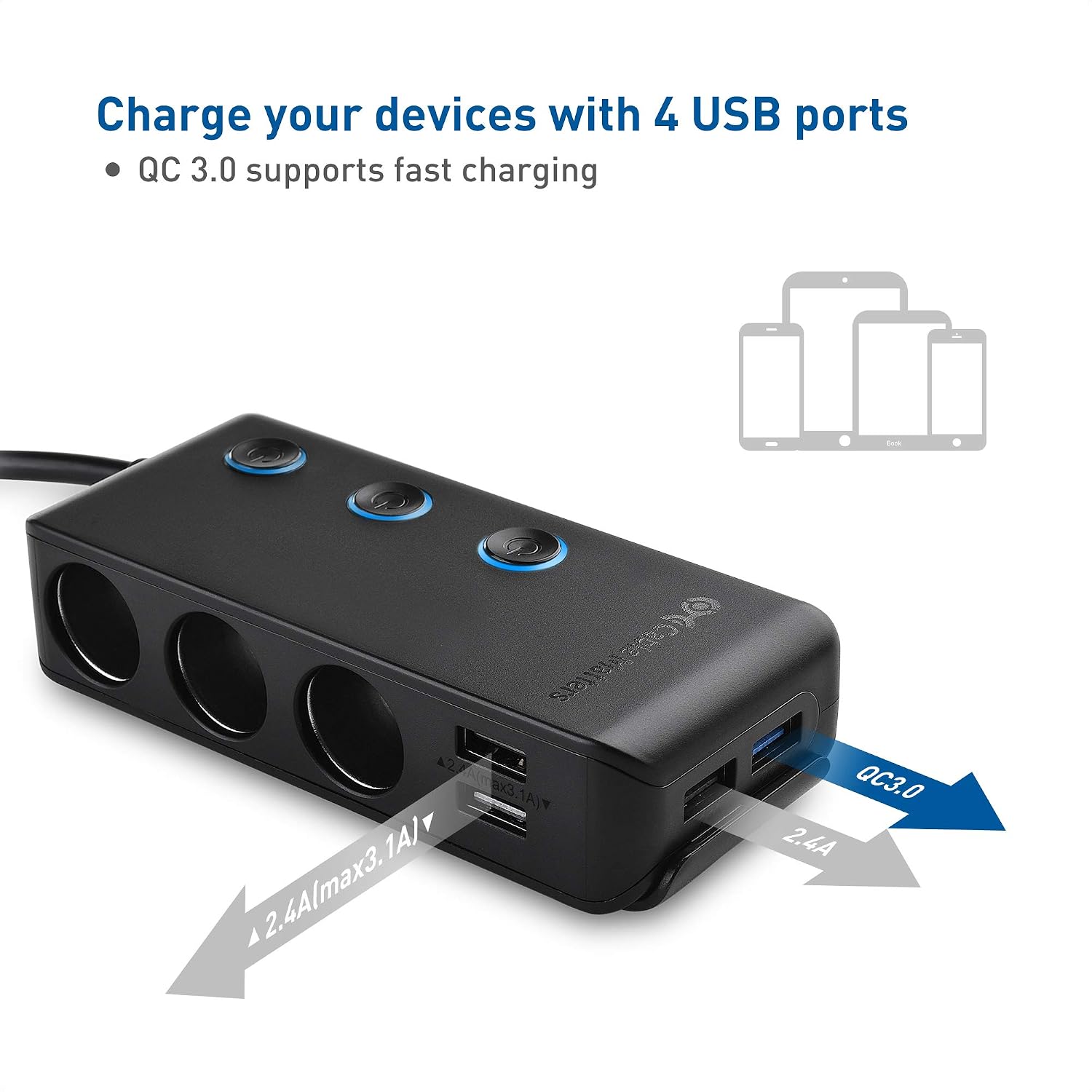 Cable Matters 3 Socket Car Cigarette Lighter Adapter with 4 USB Ports, On/Off Switch and LED Display - 2X Fuses and Mounting Bracket Included