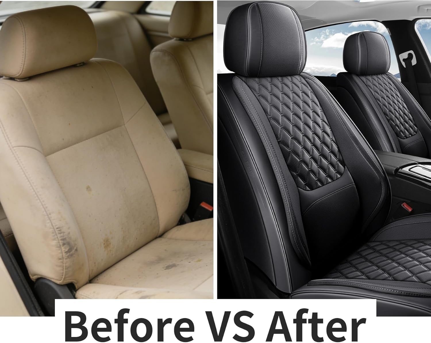 Car Seat Covers Full Set, Black Faux Leather Waterproof Seat Protectors, Breathable with Lumbar Support, Front Seats Back Seat Covers,Wear-Resistant Universal Fit for Most Cars, Trucks, SUV