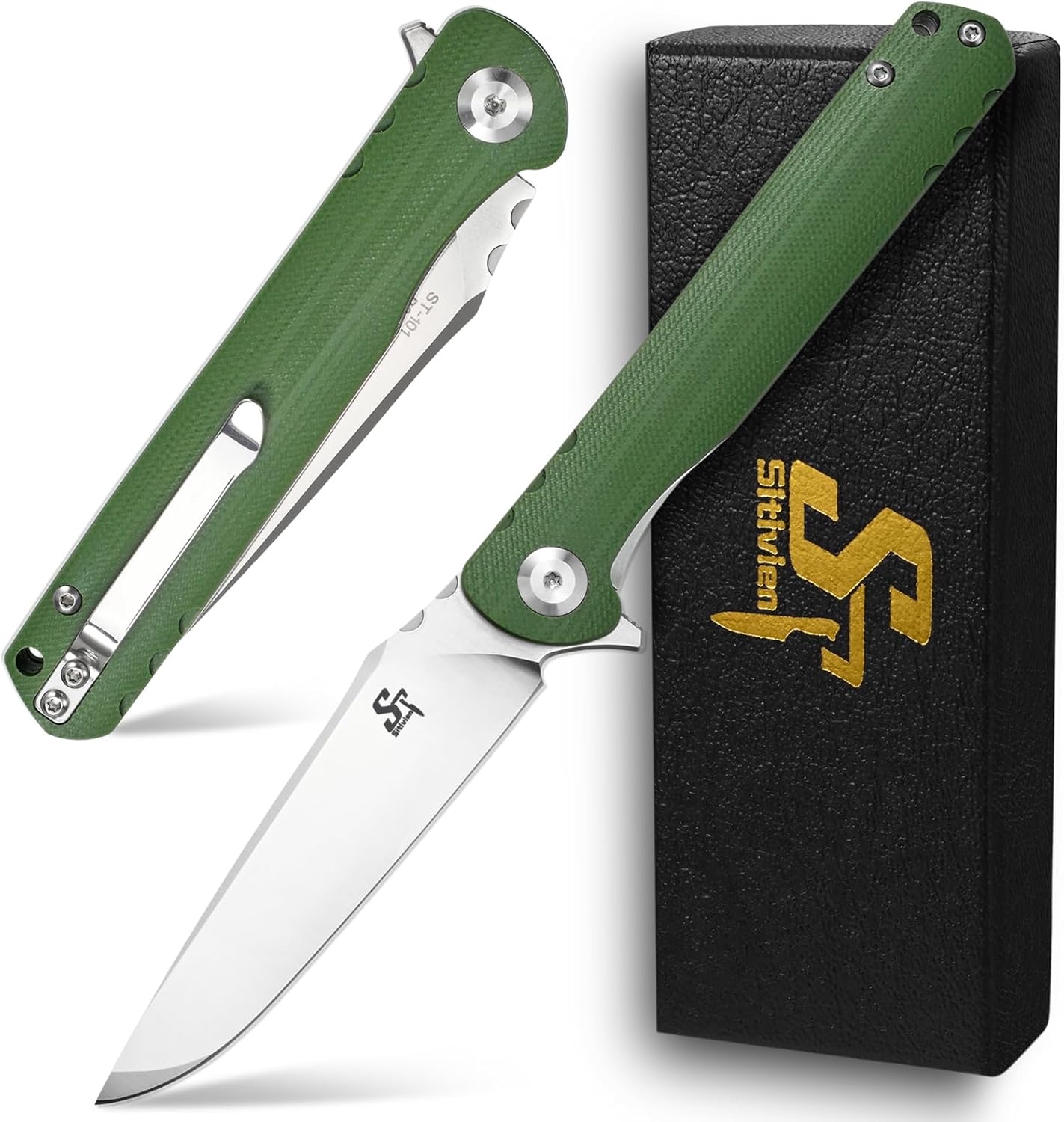 Sitivien ST101 Folding Knife, D2 Steel Blade+G10 Handle Tool Knife, EDC Pocket Knife for Outdoor, Camping, Hunting, Survival (Army green)