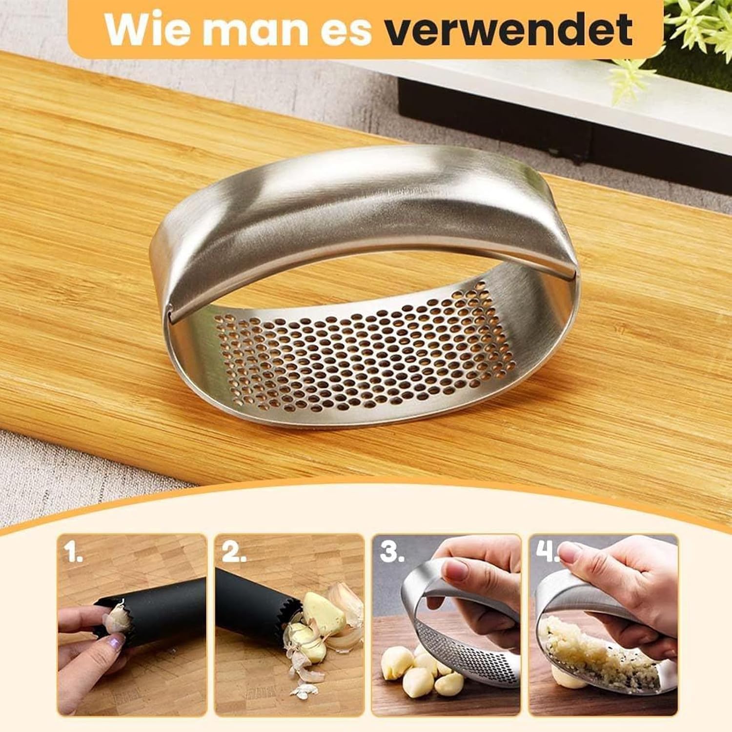 Garlic Press Rocker, Portable Stainless Steel Kitchen Tools, Ginger Rocker Mincer Kitchen Tool for Camping Picnic BBQ Cooking