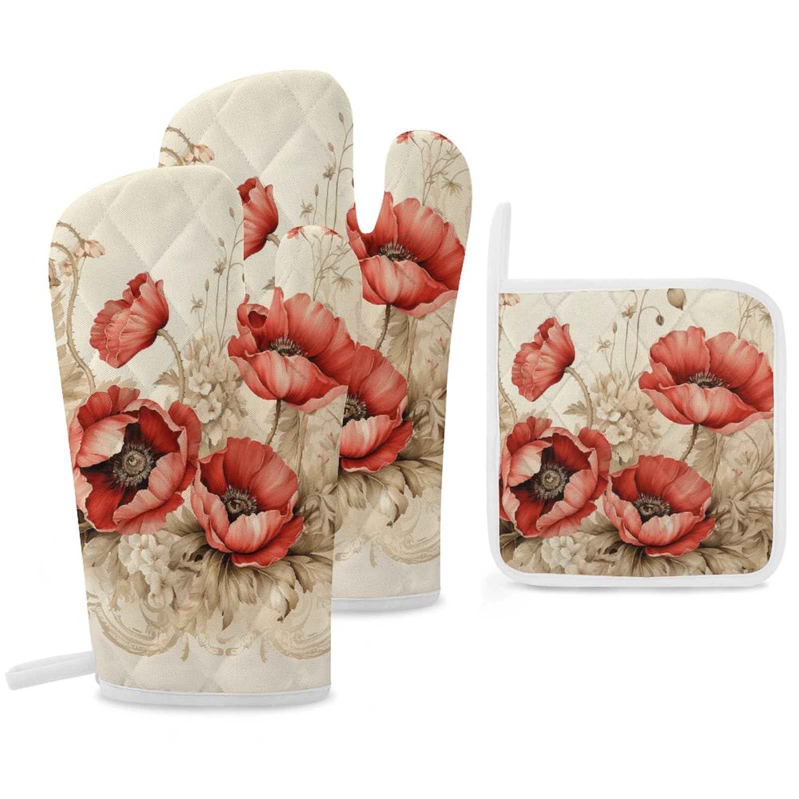 Cadeau de cuisine pour amateurs de pâtisserie : gants et maniques coquelicots