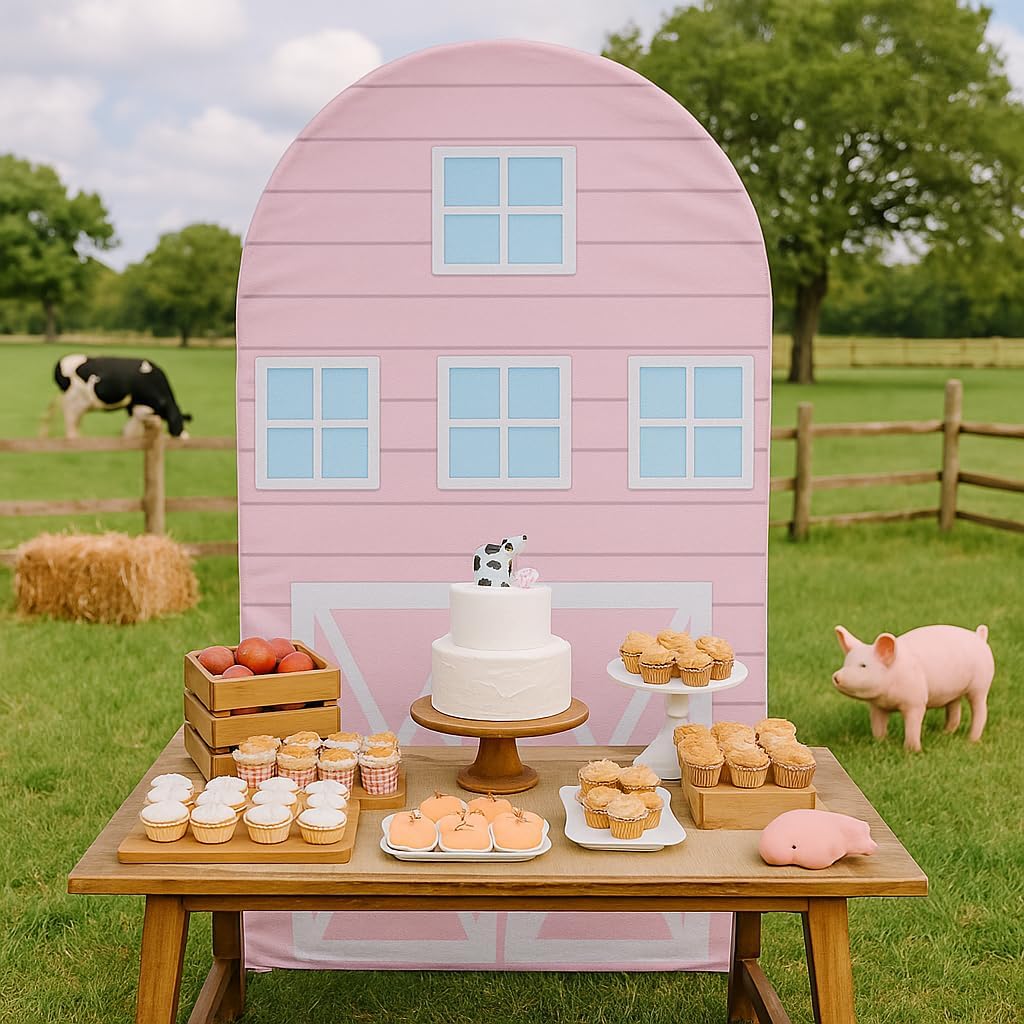 HUAYI Pink Barn Arch Backdrop Cover Girl Pink Farm Parties Chiara Backdrops Decorations Arched Wall Covers Stands Display Props Farm Party Banner GX-228 4ft * 7ft