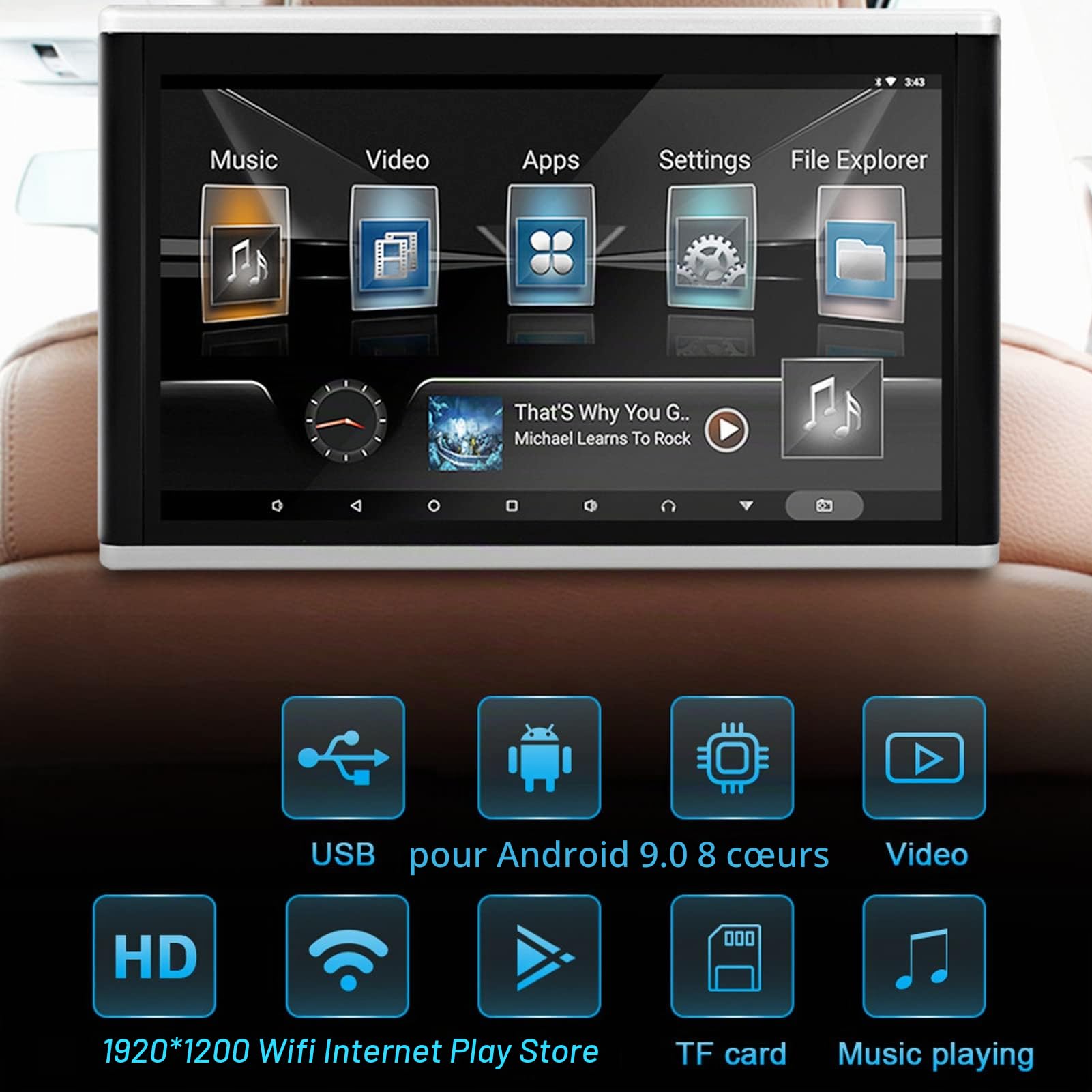 Lecteur Vidéo Moniteur de Voiture 9 Pouces pour Appuie Tete de Voiture HD 1920x1200 Écran Tactile Bluetooth 2