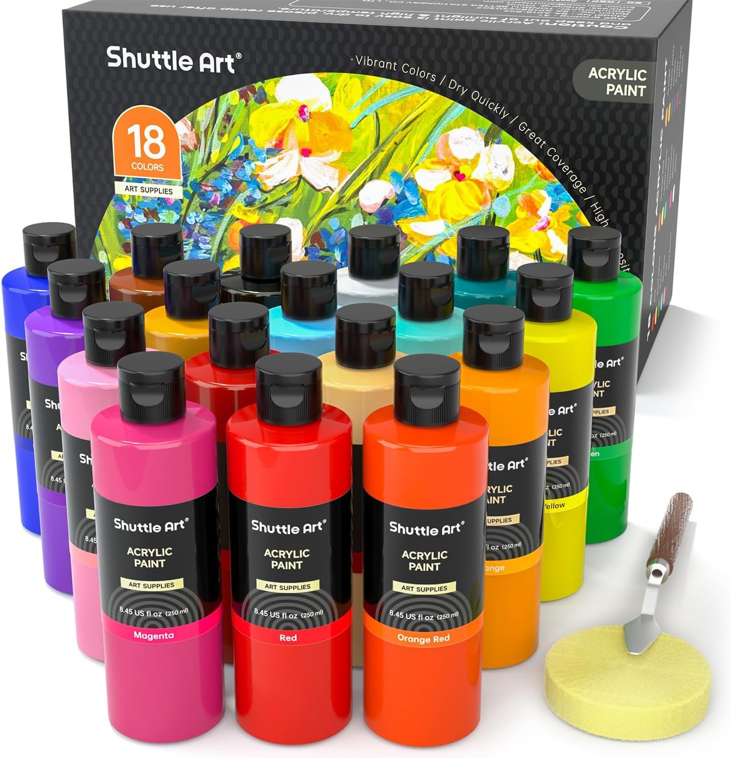 Shuttle Art Acrylic Paint 18 Colors 250ml Large Capacity Paint Set with Knife and Sponge, Non-toxic, Quick-drying, Water-resistant, Durable, Good Stretch, Vibrant, Bottle, Suitable for Canvas/Rocks