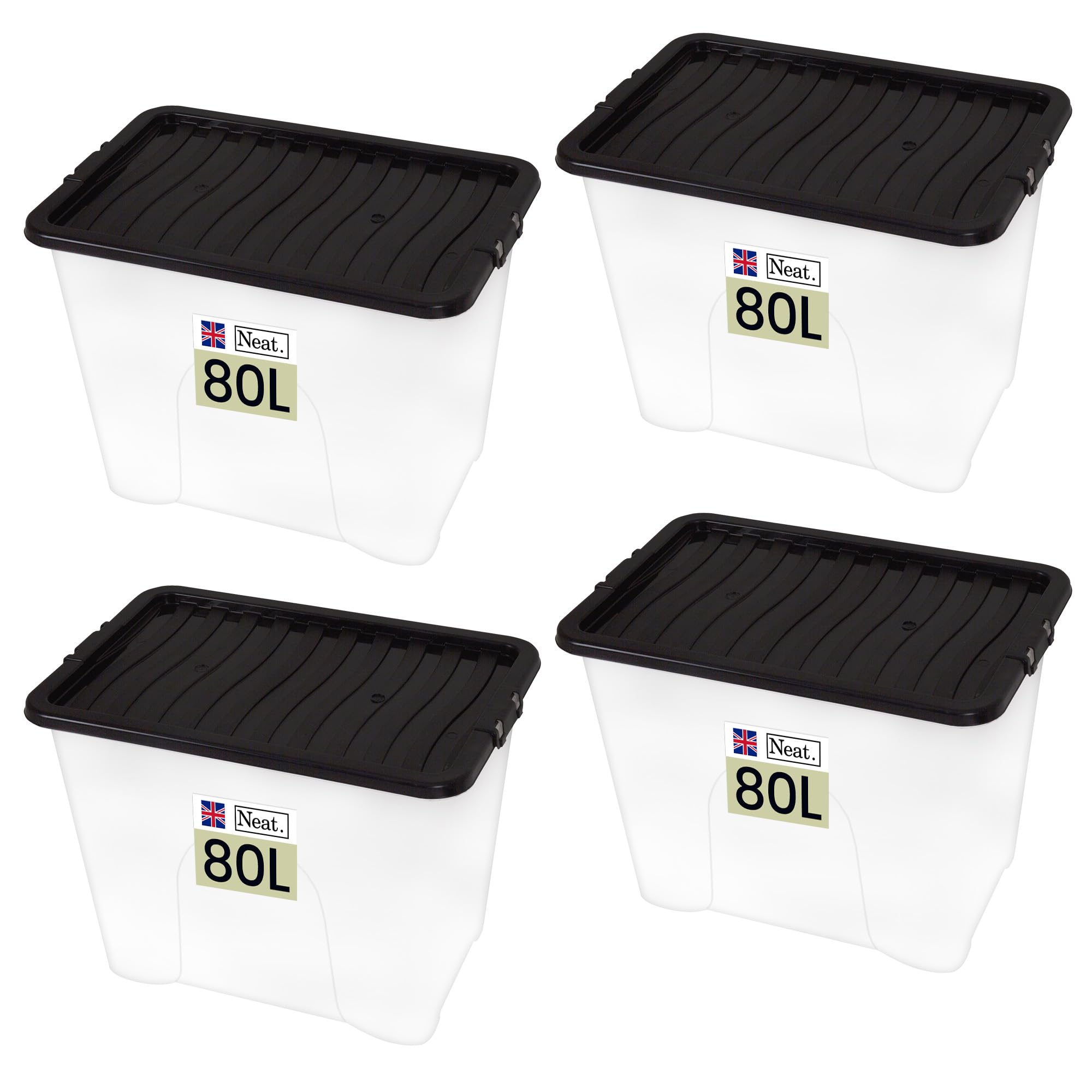 Neat. Plastics 80L Storage Box, Clear Base, Black Lid - Organise Easily with Plastic Storage Box with Lid, Ideal Clear Boxes for Storage, Durable Plastic Boxes with Lids Storage, Pack of 4