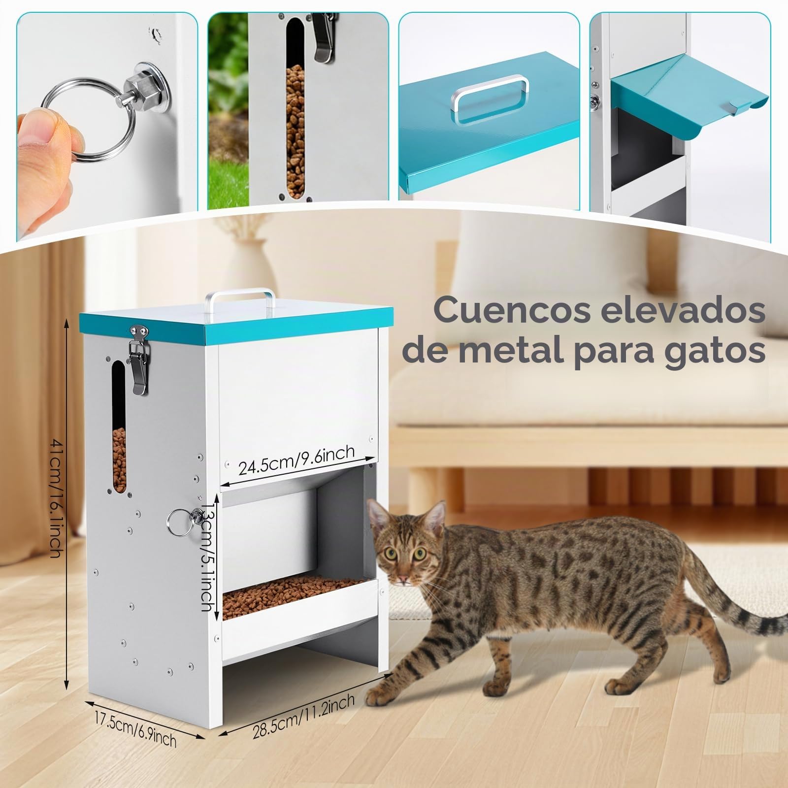 Dispensador Comida Gatos con Comedero Elevado, 10L, Alimentador para Mascotas Integramente de Metal, Tolva para Varios Gatos, Robustos, a Prueba de Lluvia y Nieve