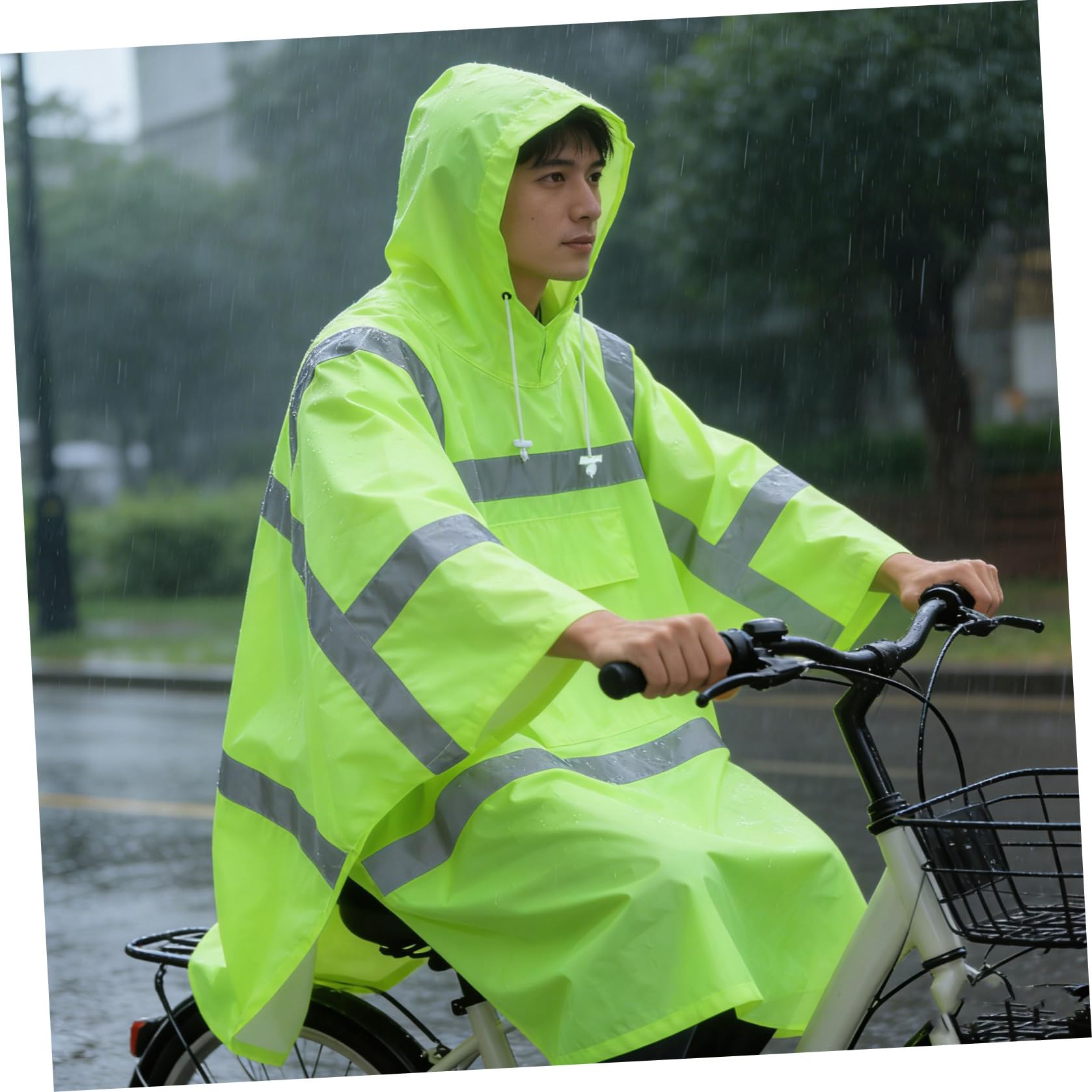 Poncho avec Capuche à Cordon, Tissu Polyester Taffetas Pluie Imperméable Haute Visibilité et Pvc, Coupe-vent et Réfléchissant pour Adultes pour Vélo et Déplacements Quotidiens