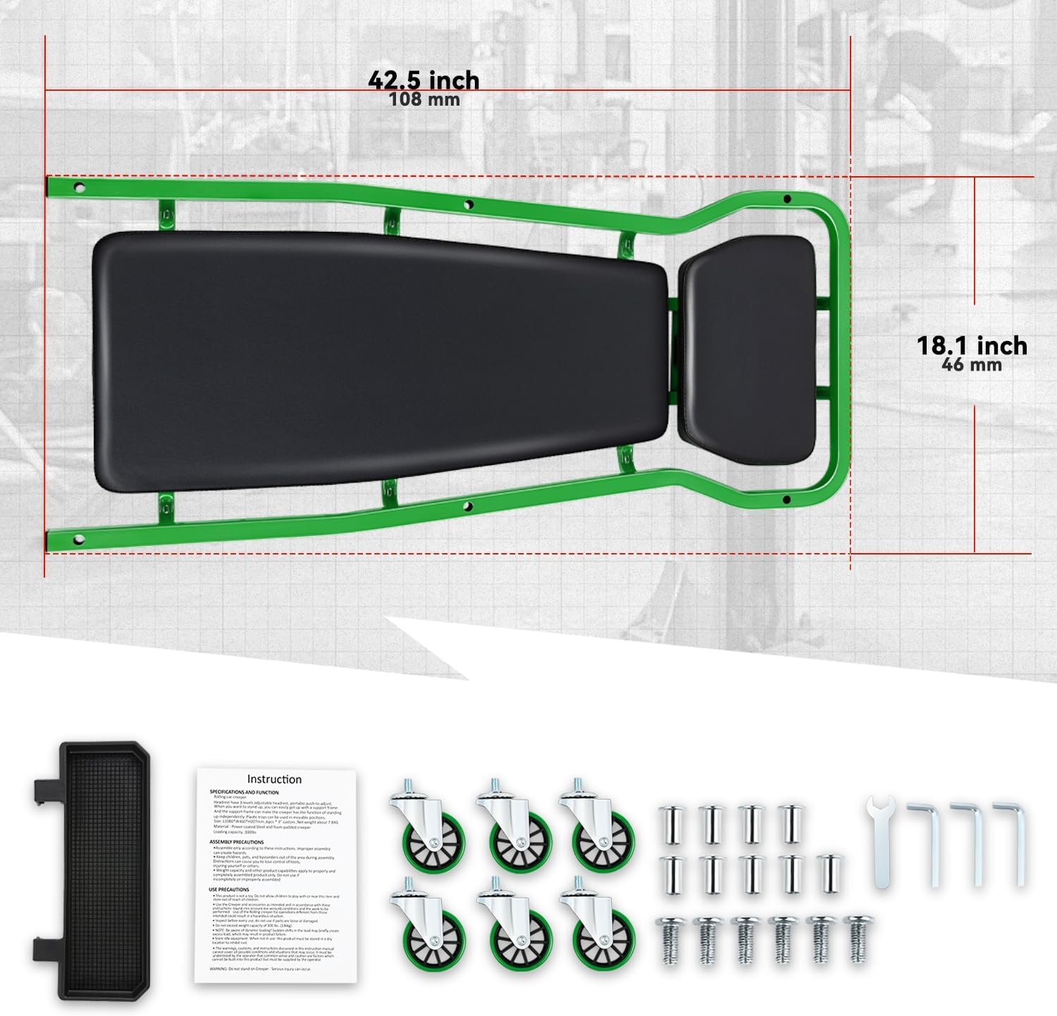 Auto Dynasty Universal 42" L X 18" W Green for Under Car Repair Vehicle SUV Truck Pickup Adjustable Creeper with Padded Headrest + Casters