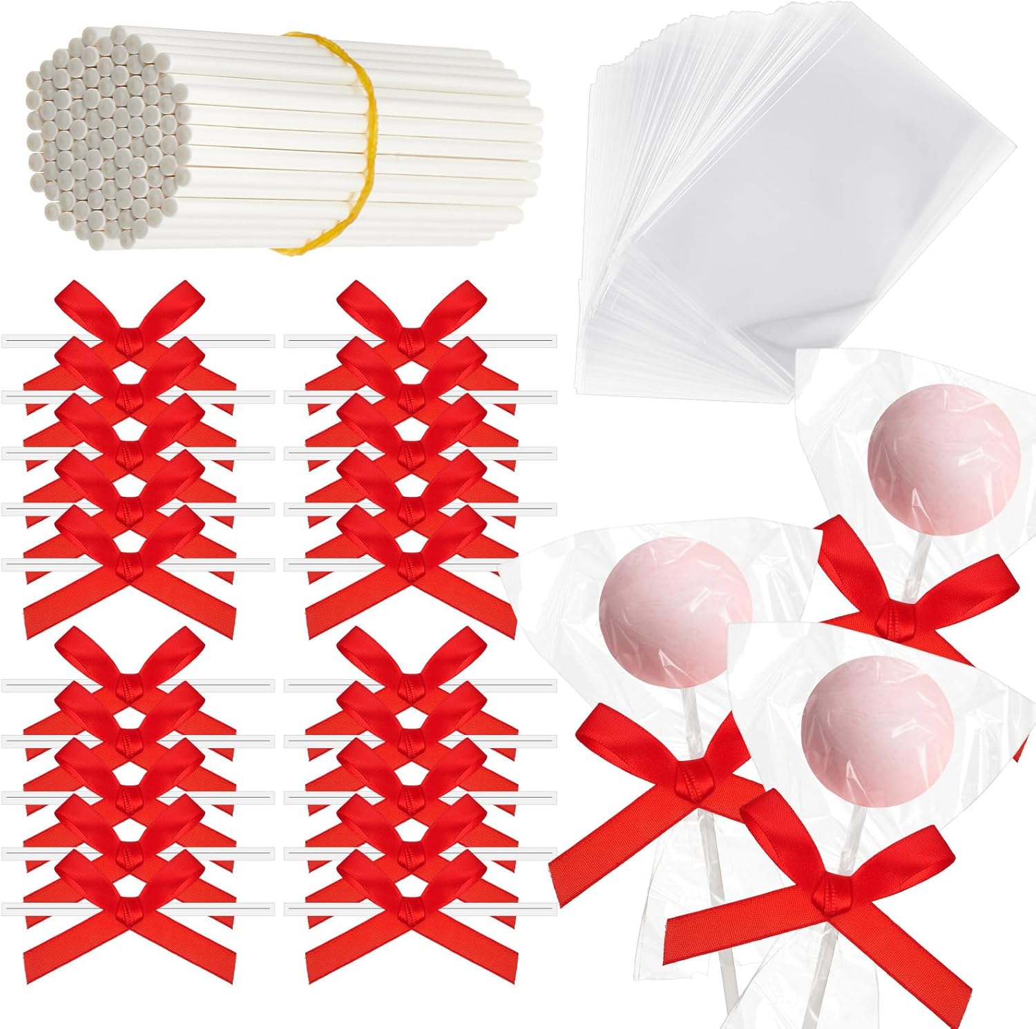 Honoson 50 Sets Cake Pop Sticks with Bags and Bows Kit, 6 Inch,Pink