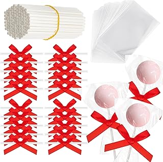 Honoson 50 Sets Cake Pop Sticks and Wrappers Kit with Clear Cake Pop Bags, 6 Inch Paper Lollipop Sticks and Bows for Cakepops, Candy and Chocolate, Mother's Day, Wedding and Party Favors (Red)