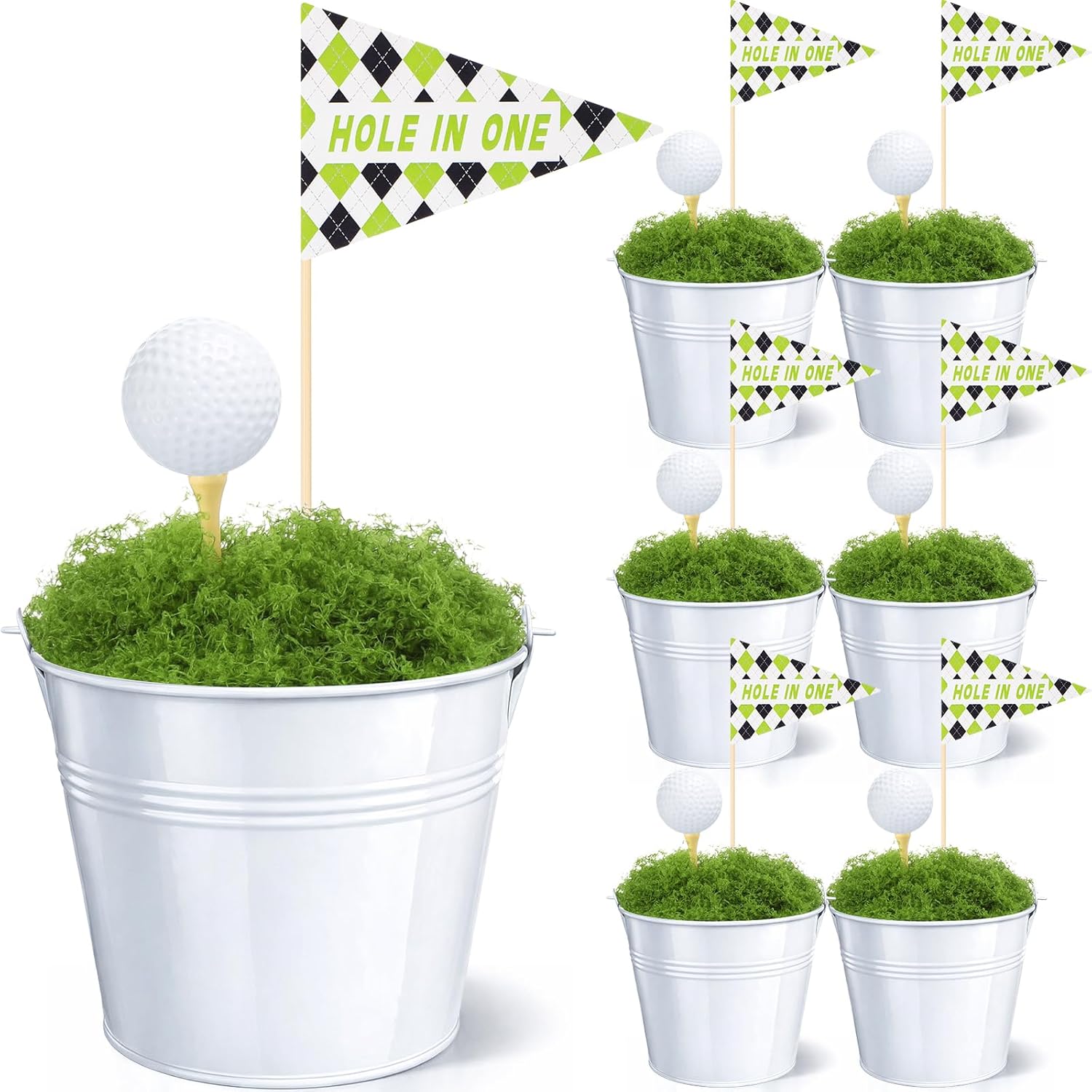 6 Set Golf Party Table Decorations Kit Party Supplies Includes Mini Golf Iron Bucket White Artificial Moss Lawn Flag Centerpiece Wooden Peg for Birthday Sport Themed Desk Rugby Favor(Round)