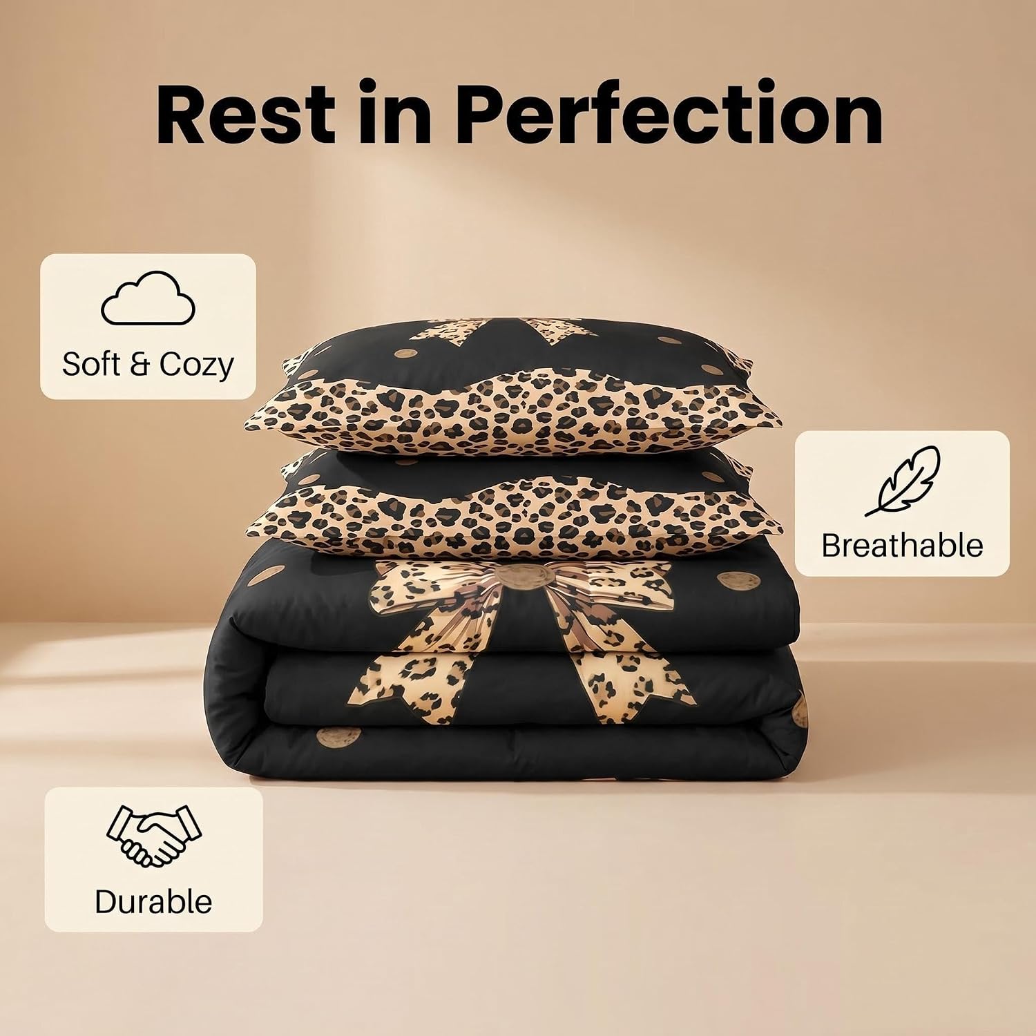 Feelyou Brown Leopard Bowknot Comforter Set with Sheets 7 Piece Full Size Girls Princess Bow Bedding Set for Kids Boys Girls Cheetah Bed in a Bag Bow Tie Room Decor Soft Lightweight Microfiber