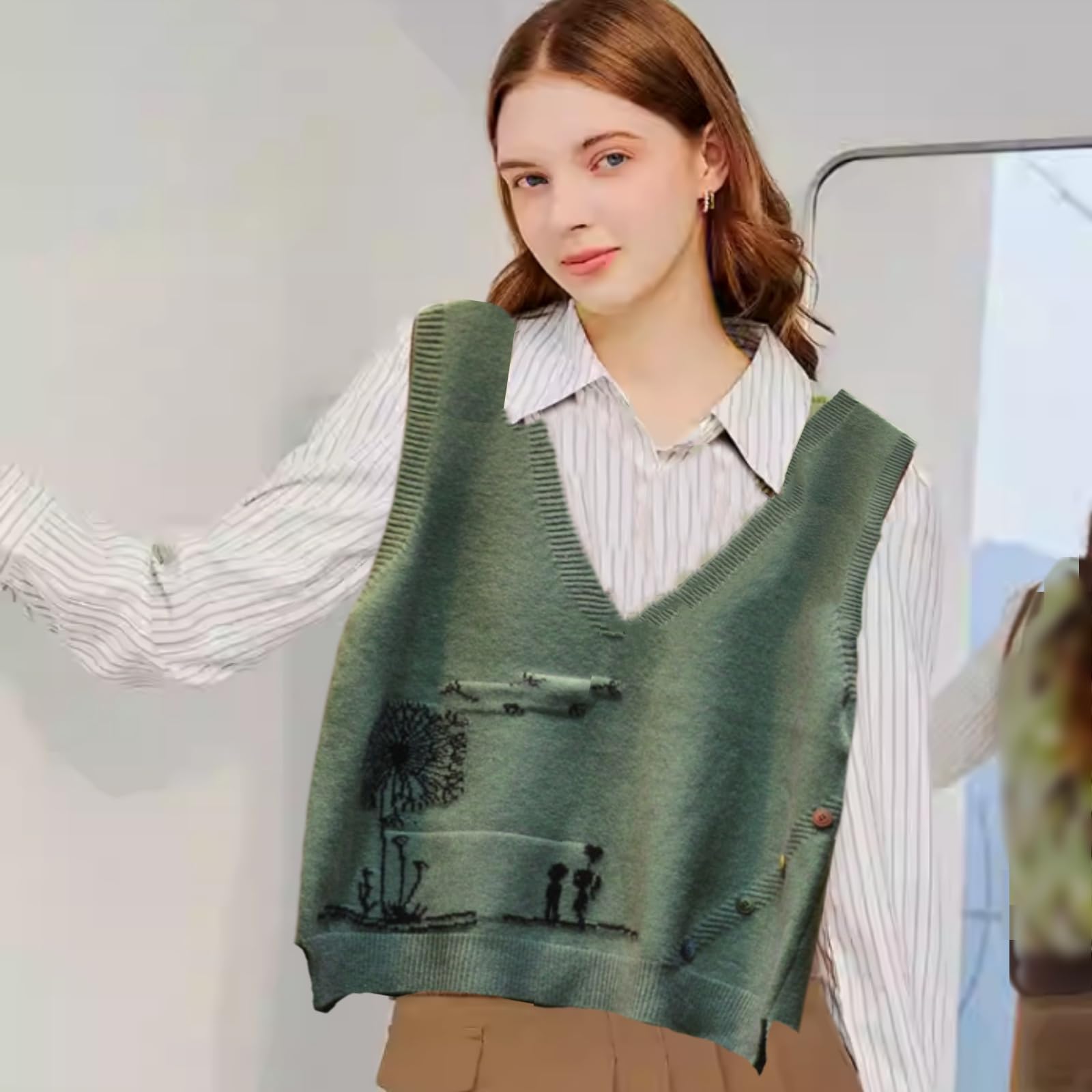Dawwoti Femmes Tricoté sans Manches Pulls Floral Motif Chandail Gilets Col V Gilets Gilet Top