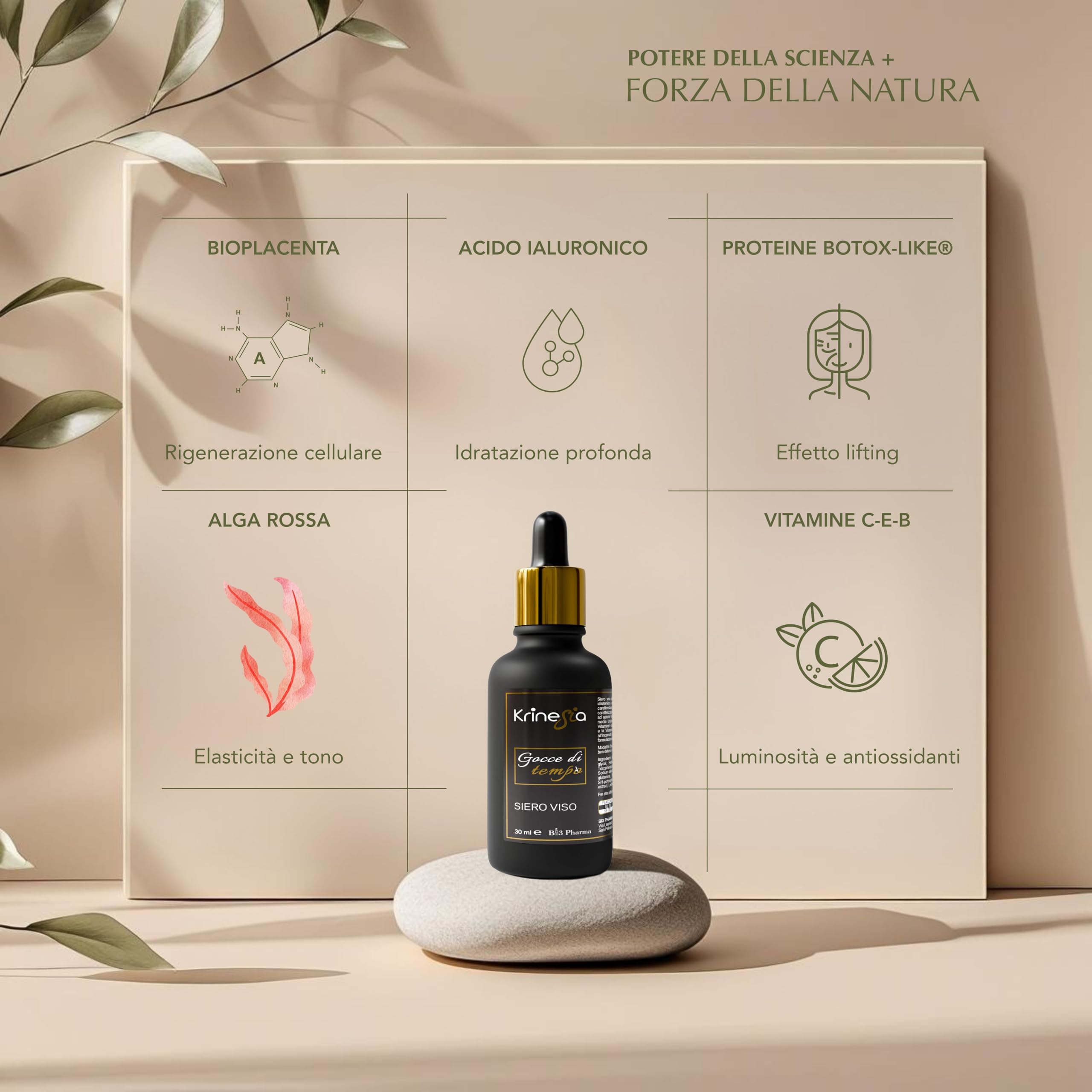 Krinesia Gocce di Tempo Hyaluronsäure Gesicht | Anti-Aging Hyaluronsäure Gesichtsserum mit Vitamin C, Bioplacenta und Botox-like® Proteinen | Feuchtigkeitsspendend, straffend, Made in Italy - 30 ml