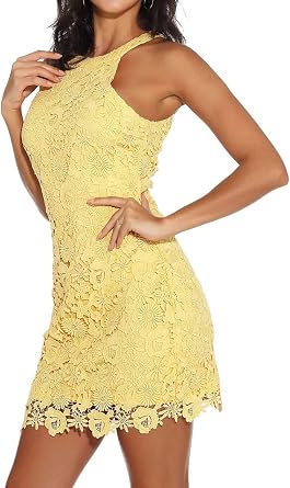 Jovono Women Tank Bodycon Dress Lace Halter Neck Dress Sleeveless Basic Midi Club Dresses Party Short Summer Dress