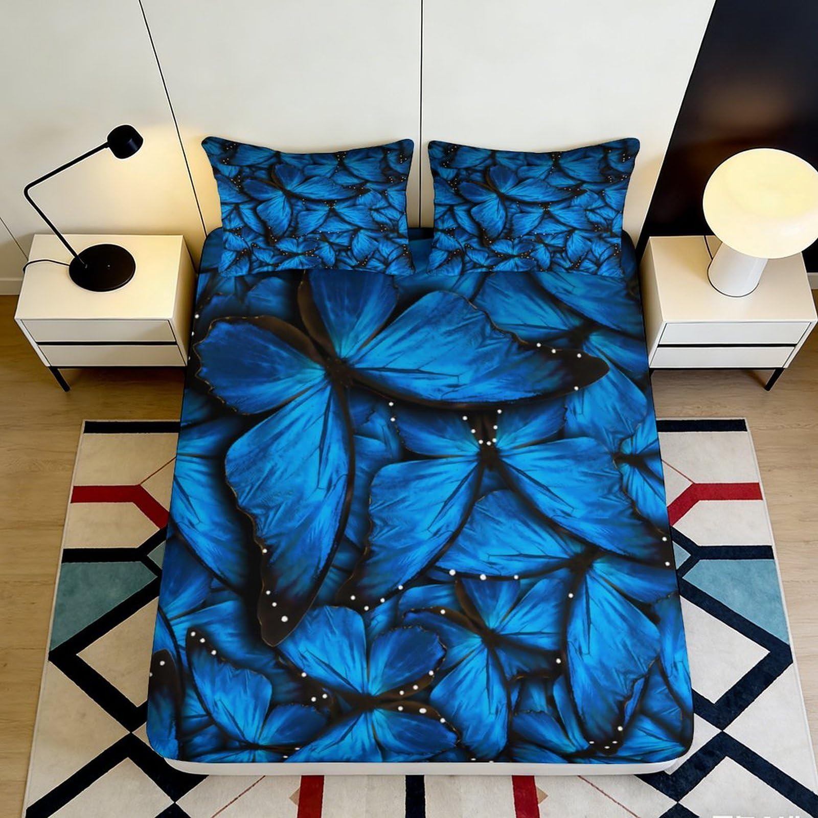 3D Printed Blue Butterfly Fitted Sheet Microfiber Soft Anti-Slip Artistic Bed Cover for Bedroom Dorm Easy Care 140x200x25cm