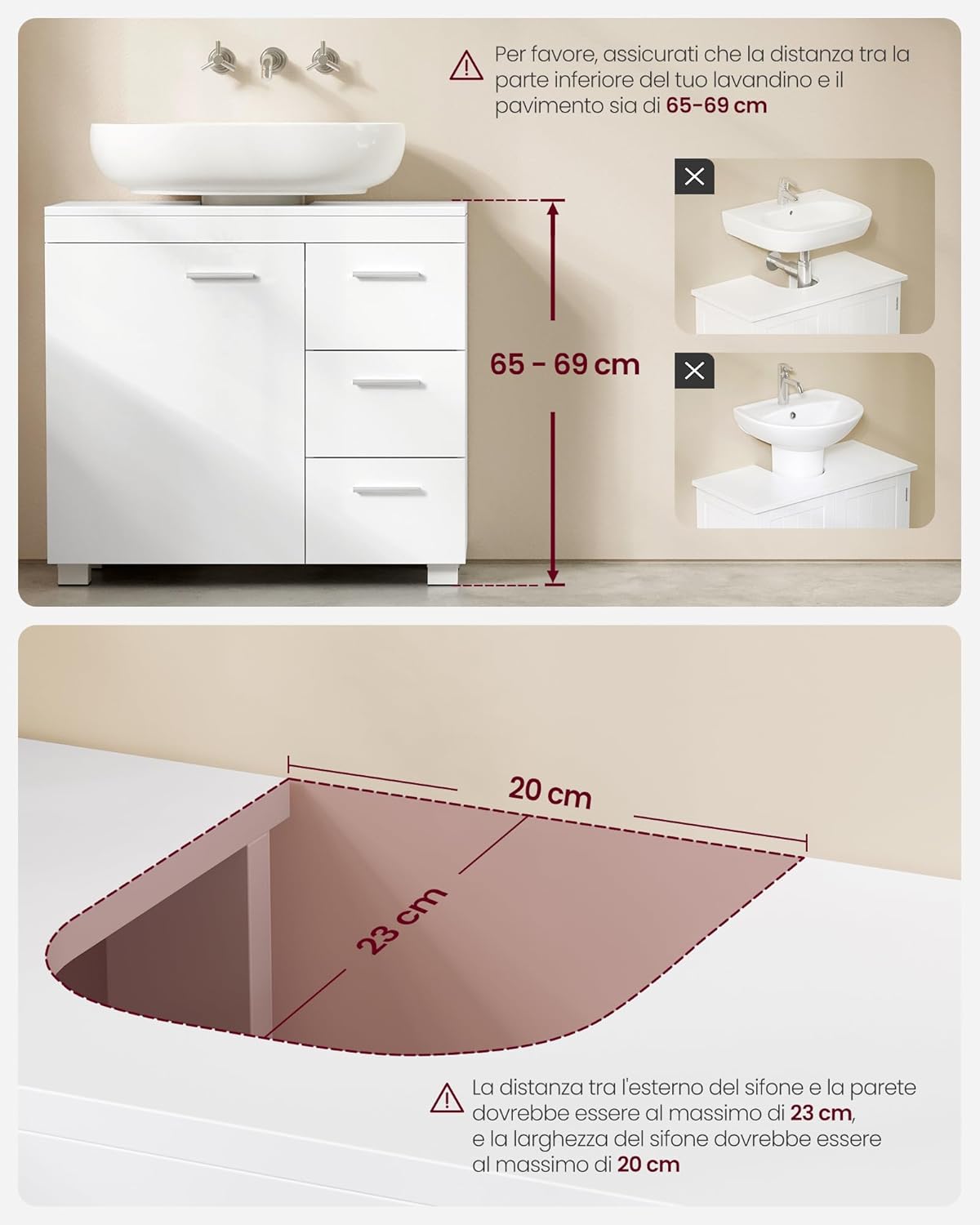 Detailed measurements for sink and siphon compatibility, showing required clearances