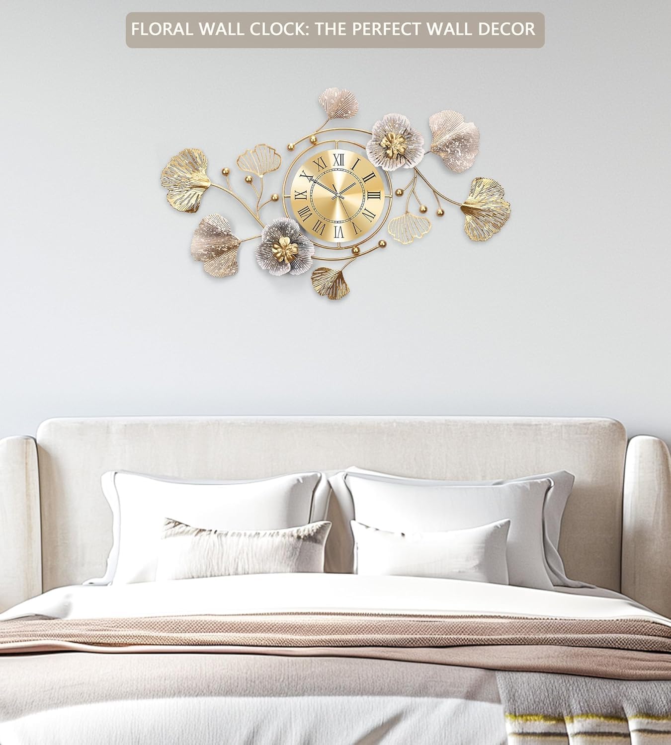 Orologi per Soggiorno,Grande Orologio da Parete,Orologio da Parete Silenzioso,Design di Foglie Ginkgo in Metallo Retrò,per Cucina,Da Letto,Orologi da Parete Decorativa (Caffè Retrò-Roma, 150cm)
