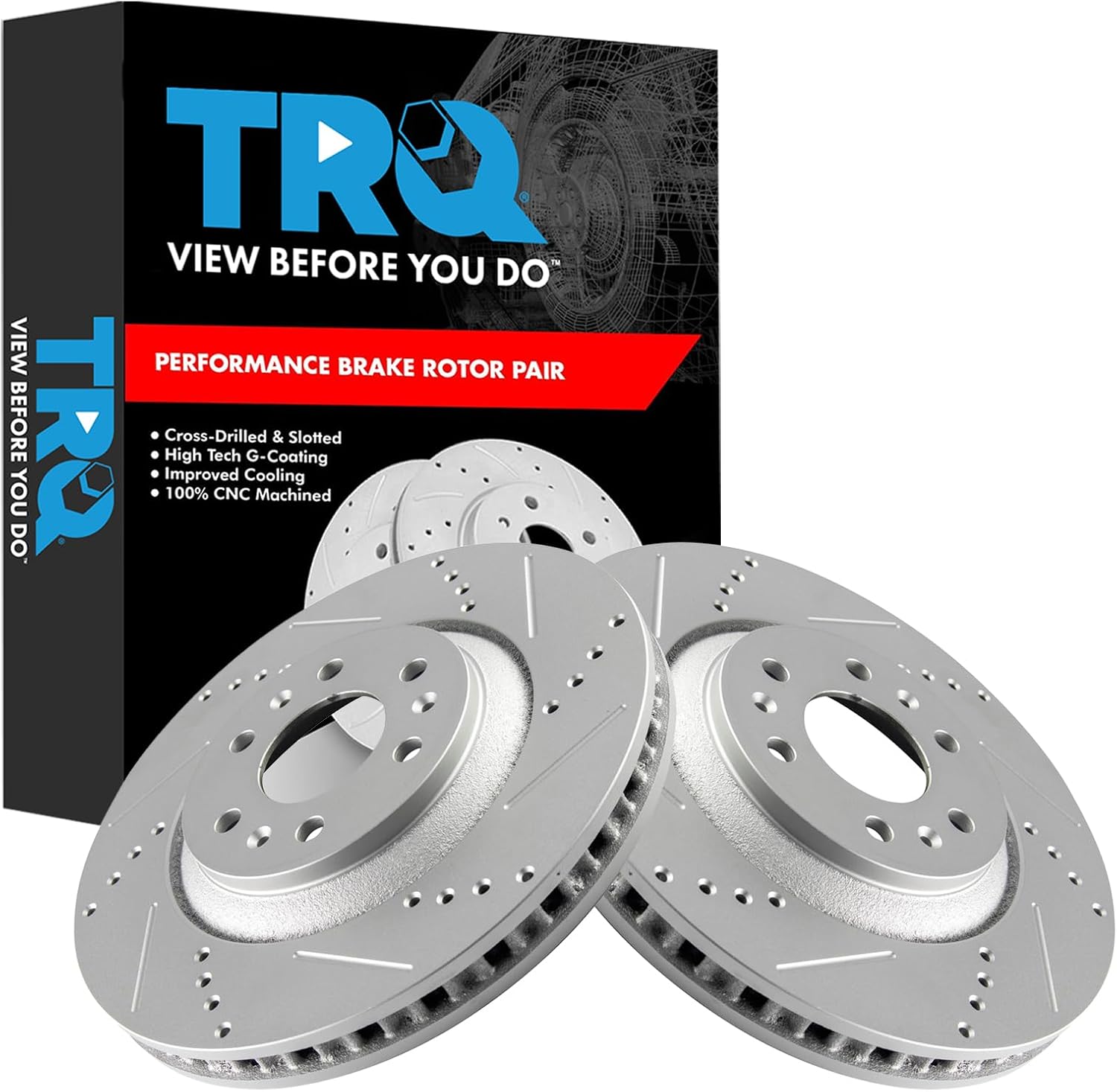 TRQ Front Brake Rotor Set G Coated Drilled and Slotted Vented Compatible with 2004-2009 Cadillac SRX