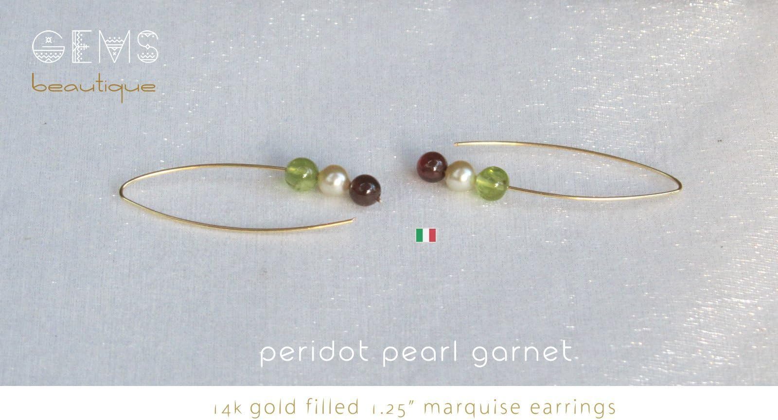 GemsBeautique Modern Arc Gold Italian Marquise Earings. Flag of Italy. 14k Gold Filled or 925 Sterling Silver. Peridot, freshwater pearl & garnet. Elegant GIFT for Sister Mother Daughter Wife.