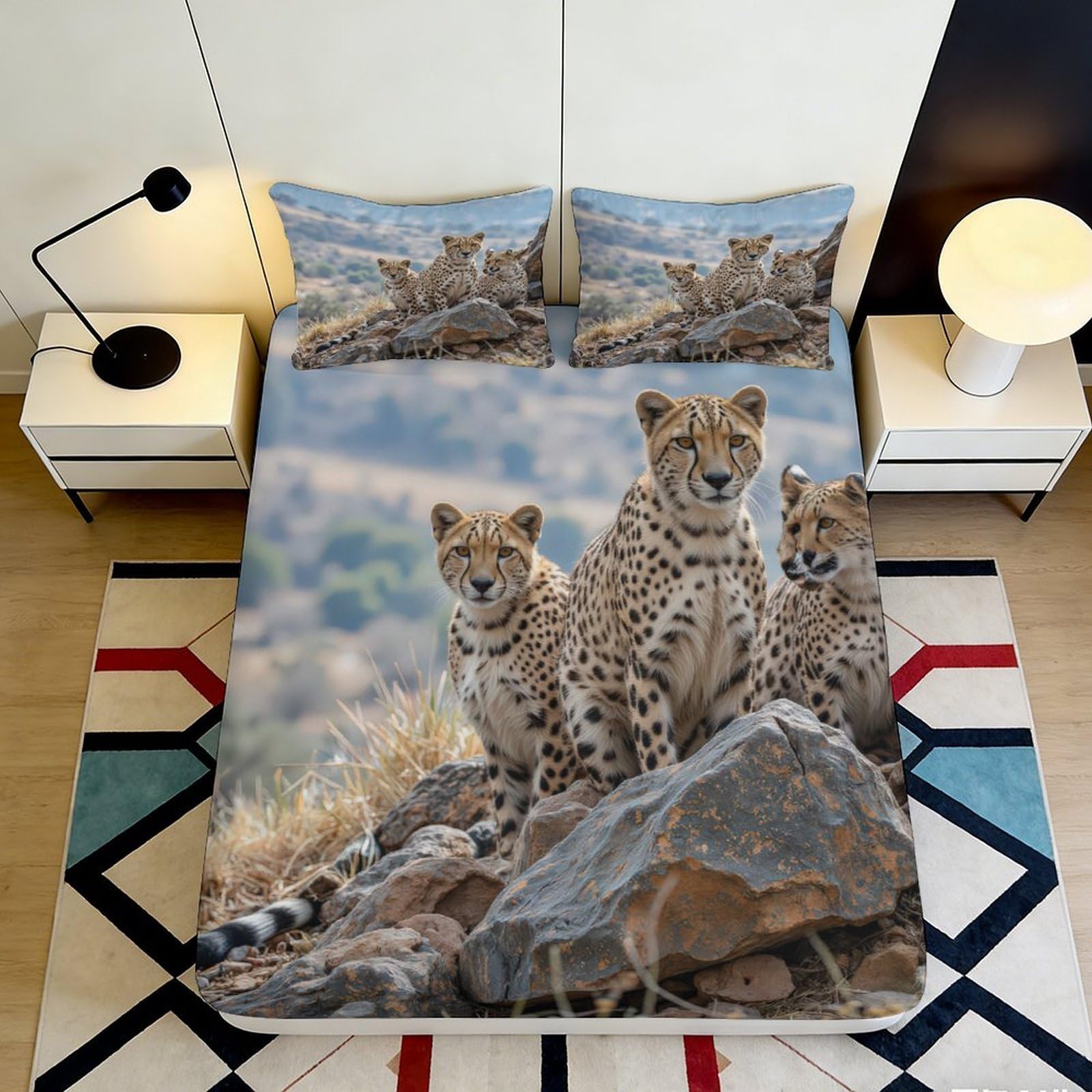 Dhbaneiok Style-9 3D Printed Cheetah Family Fitted Sheet Microfiber Soft Breathable Savannah Wildlife Mattress Cover For Bedroom Guest Room Decor 90X200x25cm