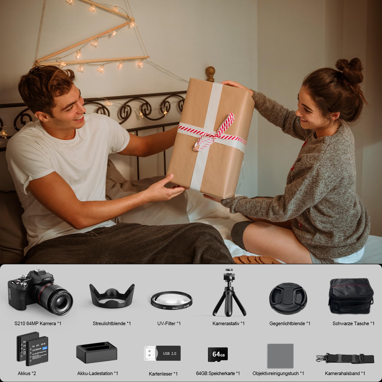 NBD 8K Digitalkamera 64MP mit 16X Optischem Zoom & Hot Shoe, 3" 180° Drehdisplay, Wi-Fi, v. 64GB TF-Karte + Wartungskit (Schwarz)