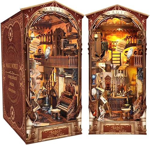 Kit de rincón de libros para bricolaje, estante de rincón de libro, rompecabezas de madera 3D, kit en miniatura de rincón de libro con LED,