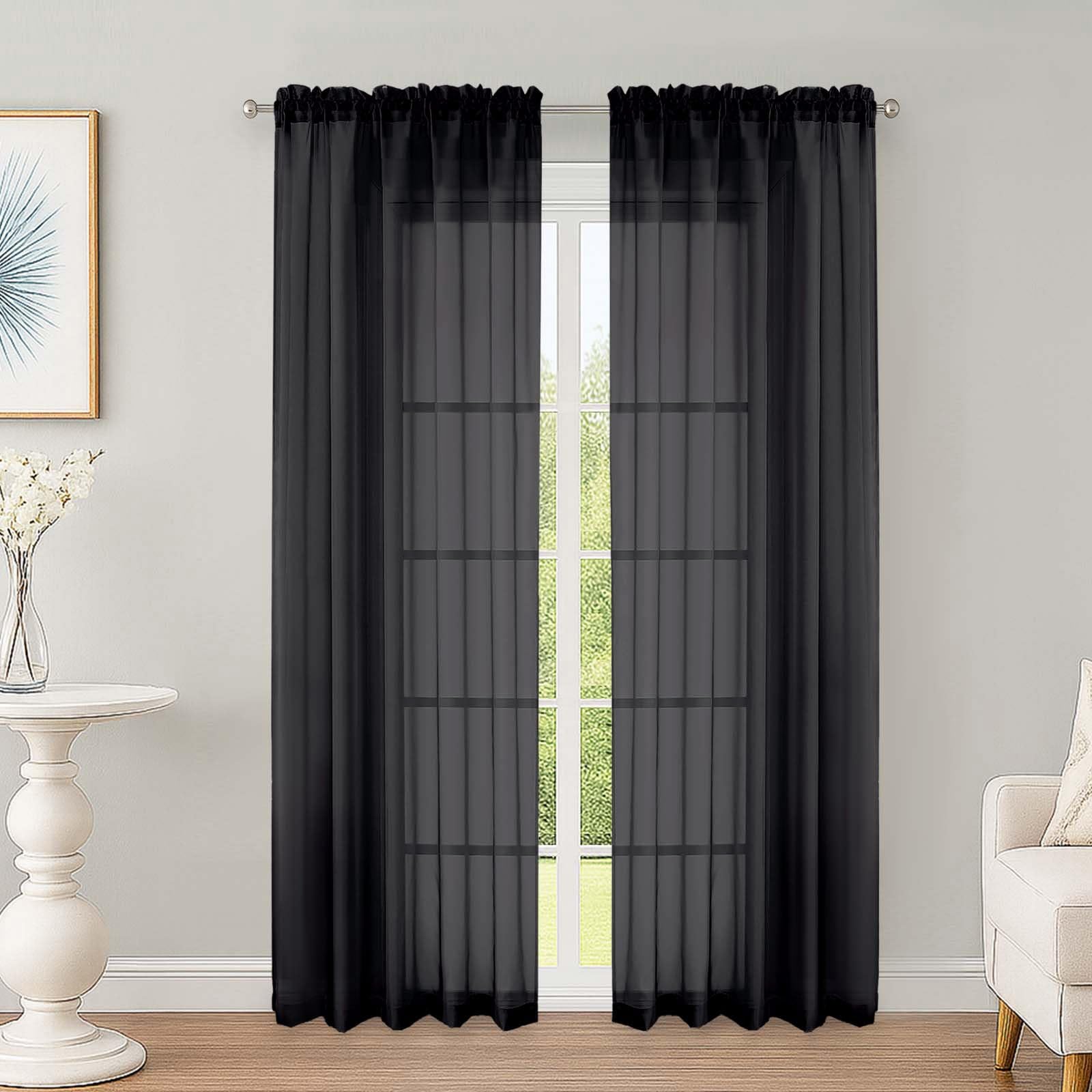OWENIE Black Sheer Curtains 72 inch Length 2 Panels Set, Rod Pocket Voile Fimly Sheer Drapes for Living Room/Bedroom, 2pcs, Each 52" W x 72" L