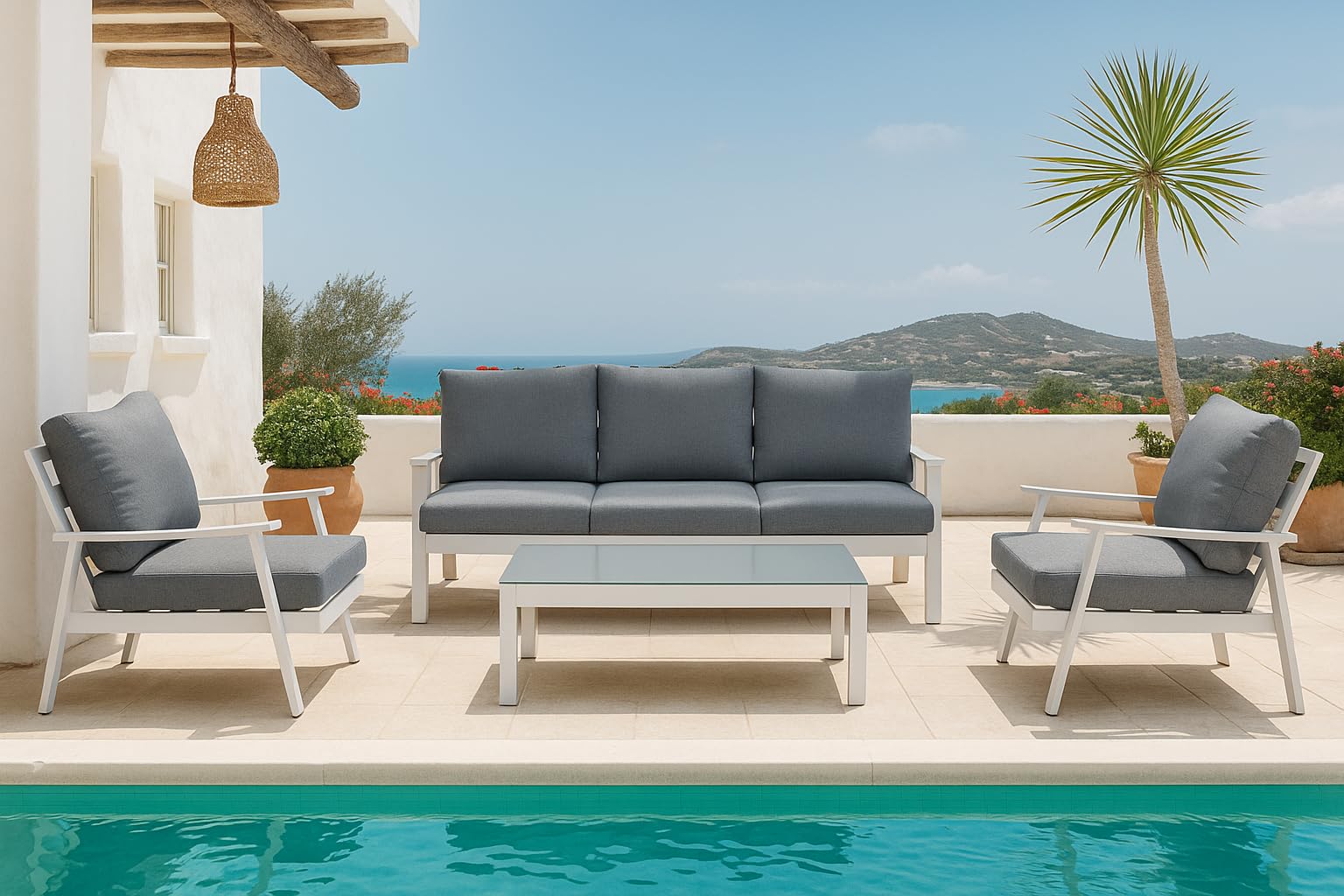 MOMMA HOME Set tavolo e poltrone da giardino - Tavolino e divani in terrazza, set giardino esterno, divano + 2 poltrone + tavolino da caffè in vetro temperato, JAVEA