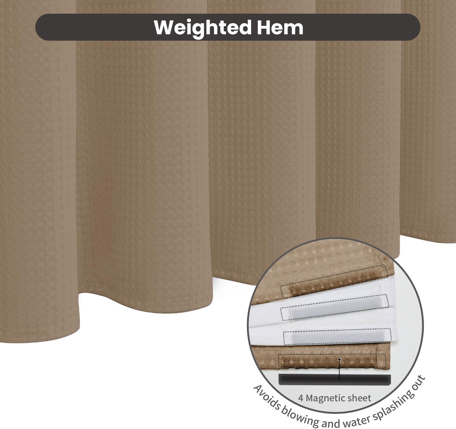 Inhousolu No Hook Waffle Weave Shower Curtain with Removable Snap in Fabric Liner Set for Bathroom, 230 GSM Heavy Duty Weighted Hem, Water Repellent Washable Bath Curtains, 72 x 72 Inch, Beige