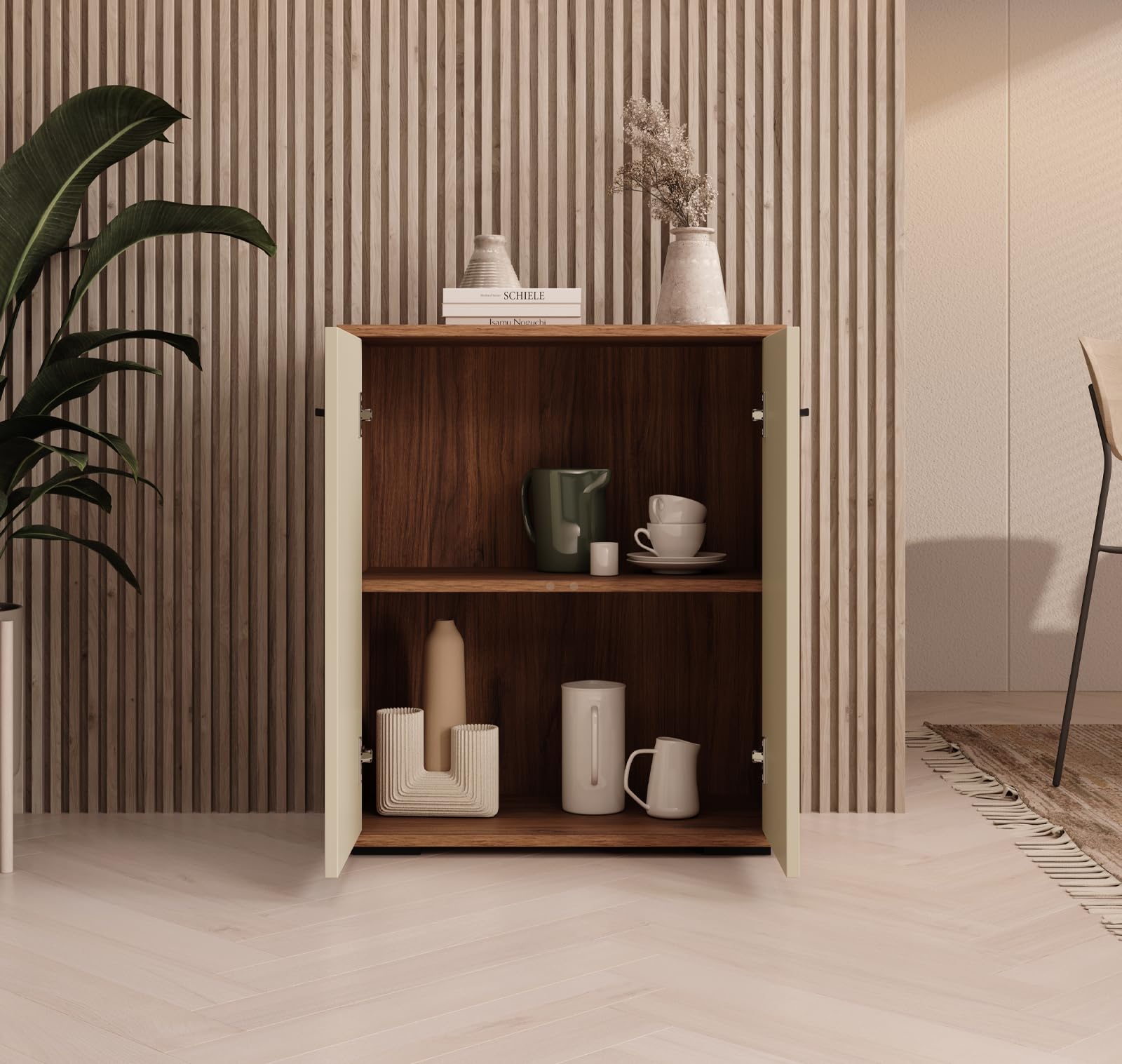 MB Muebles Bonitos | Buffet Bas Lander L2 pour Salon Moderne | Meuble de Rangement avec 2 Portes | Couleur Noyer et Beige | 60x71x30 cm