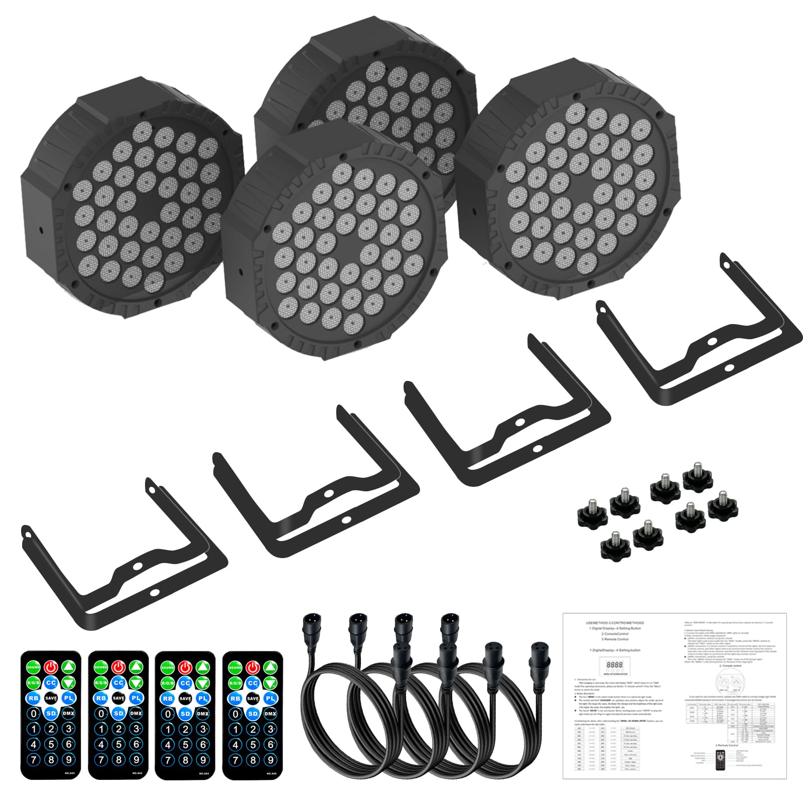 Confezione da 4 faretti LED Par 36 LED RGB per palcoscenico, DMX512 e telecomando, 7 modalità di luce con attivazione del suono, luce da discoteca, per DJ bar, matrimonio, Halloween, Natale