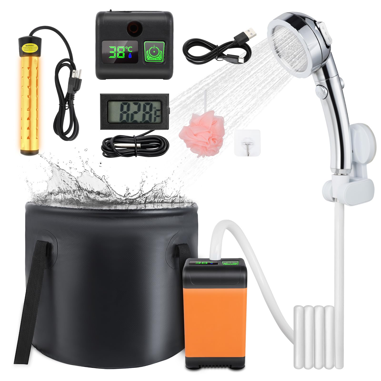 Ducha portátil de camping, kit de ducha recargable para exteriores de 7800 mAh con calentador, pantalla LED inteligente, impermeable IPX8, ducha portátil para camping, al aire libre, viajes