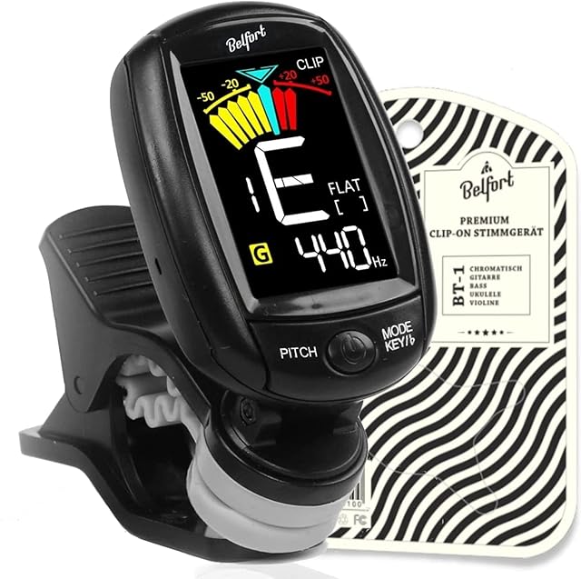 BELFORT® TuneMax kompaktowy stroik do wszystkich instrumentów  uniwersalny stroik do gitary, ukulele, skrzypiec, basów i chromatycznych (tryb uniwersalny) + bonus: eBook
