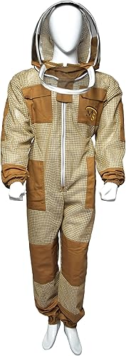 Miniatura 4 de MS Traje de abeja de 3 capas ventilado con un par de guantes, traje de apicultura con velo de esgrima (XXXL, caqui), Caqui