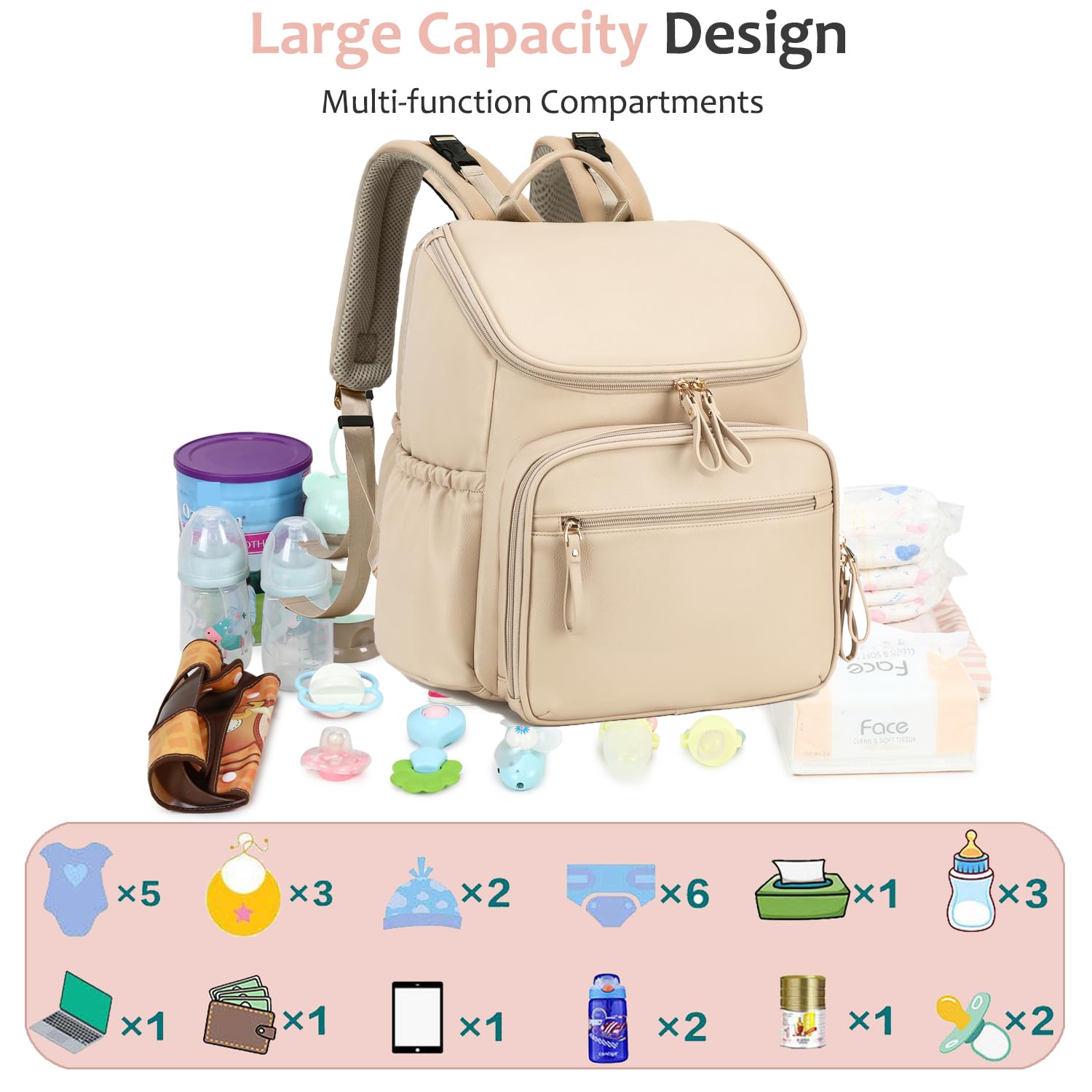 LORADI Large Capacity Diaper Bag with Stroller Buckle, Water-Resistant Travel Backpack with Insulated Pockets