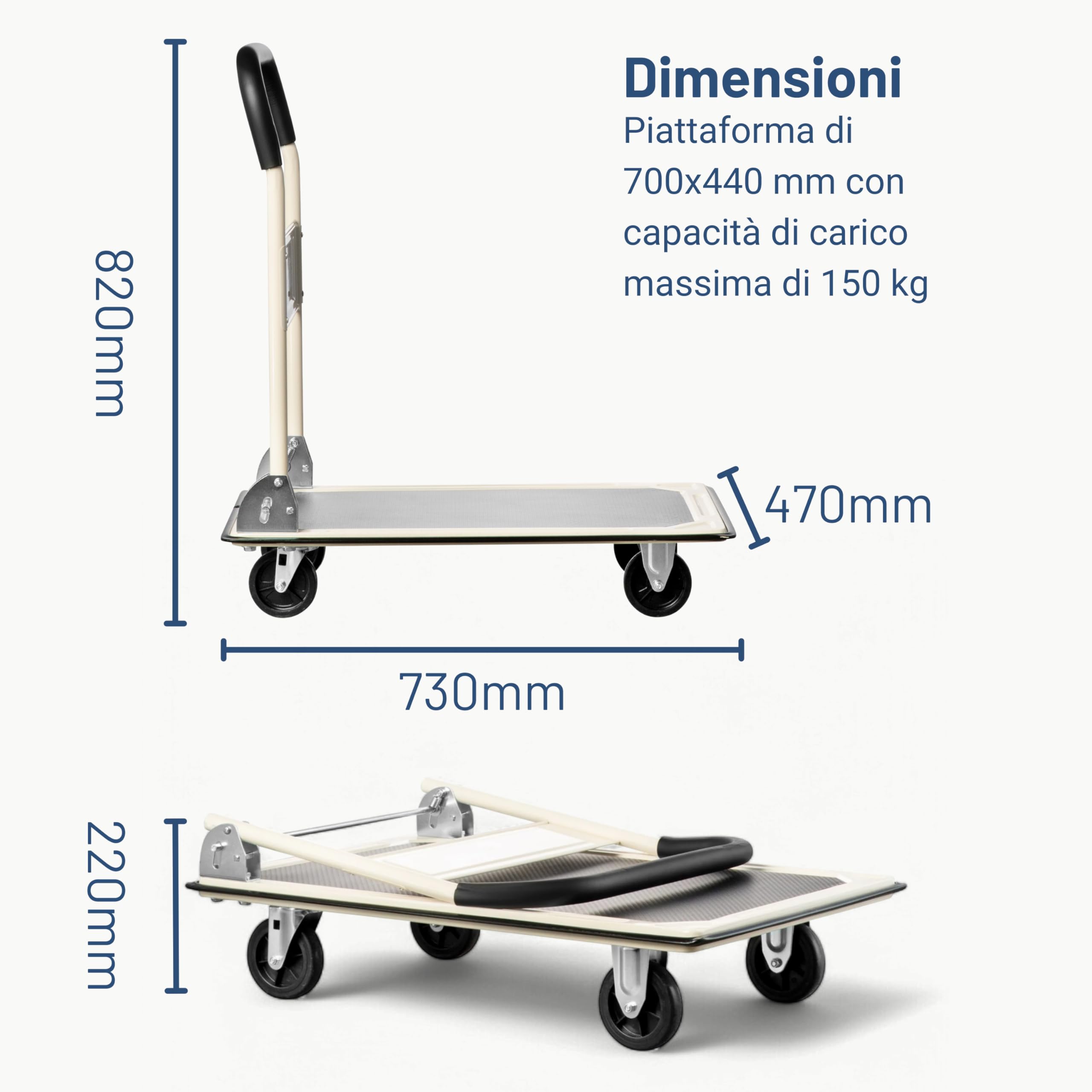 Pallit Carrello per trasporto pieghevole CARRY | portata 150 kg | Carrello a piattaforma con rivestimento antiscivolo