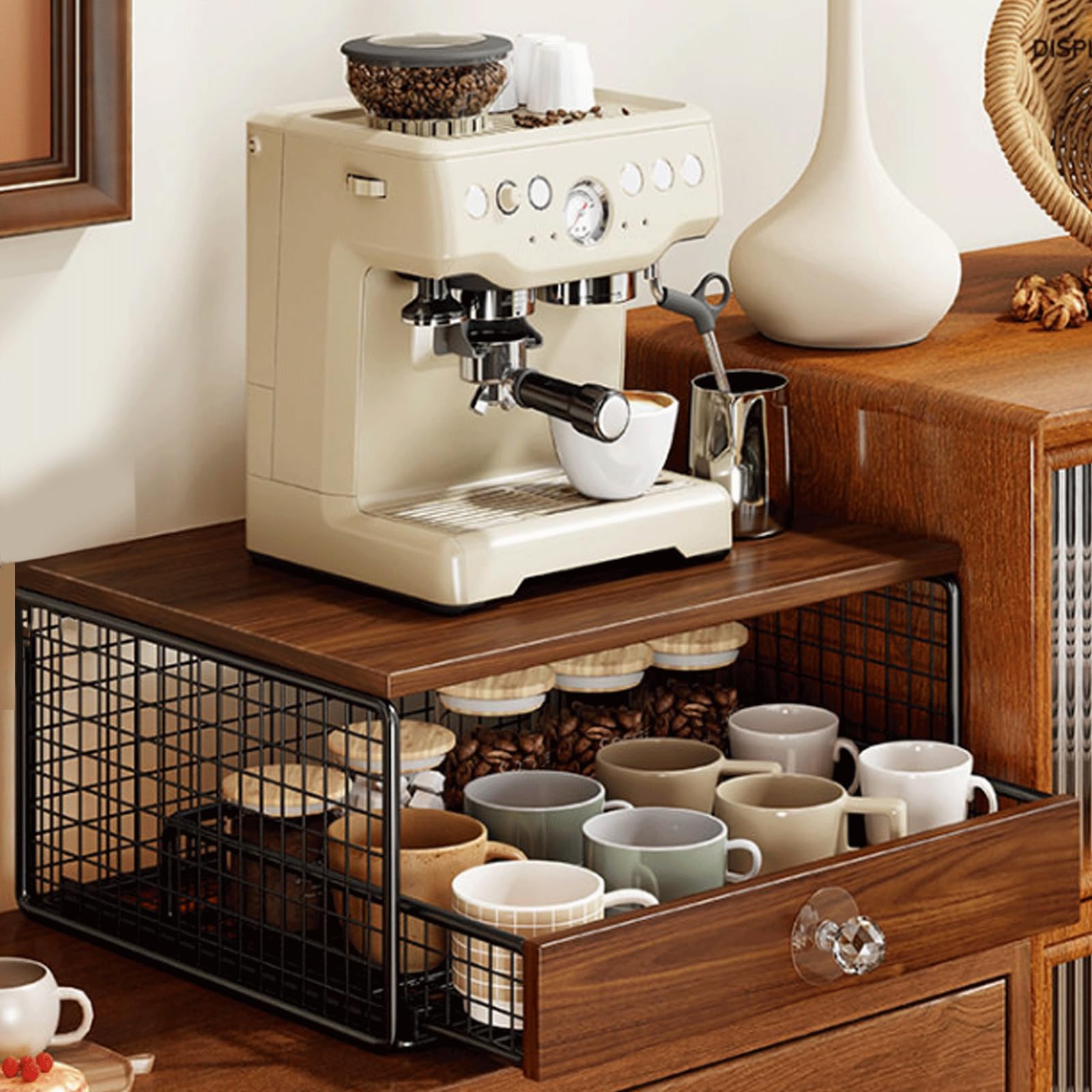 Soporte para Microondas 2 Niveles con CajóN ExtraíBle Madera MarróN Antiguo Bandeja De Malla MetáLica Multifuncional para Cocina