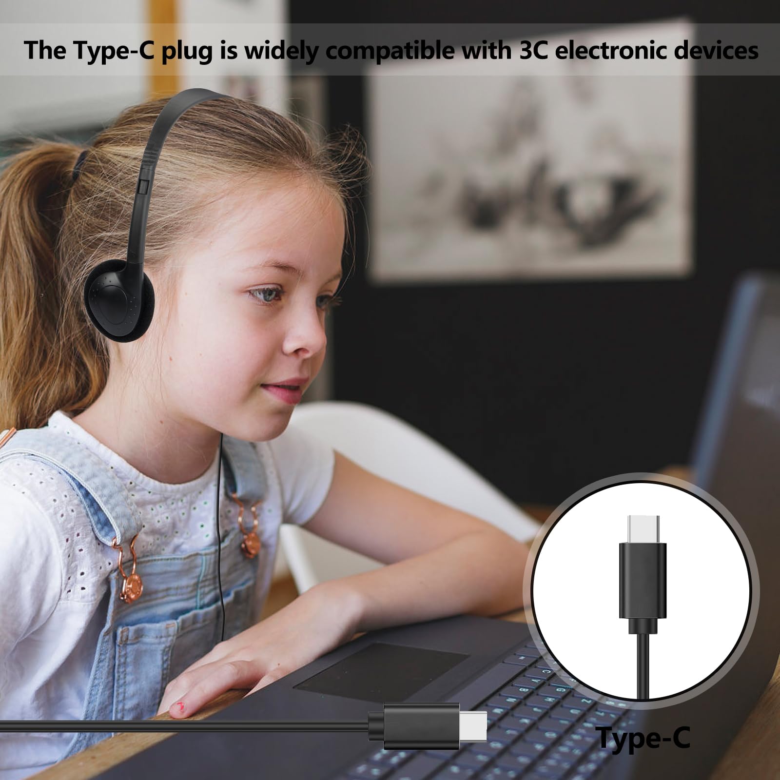 Słuchawki typu C luzem, do klasy, szkoły, dzieci, 30 sztuk, przewodowe słuchawki USB C do szkoły, kompatybilne z podkładkami, smartfony, czarne (B)