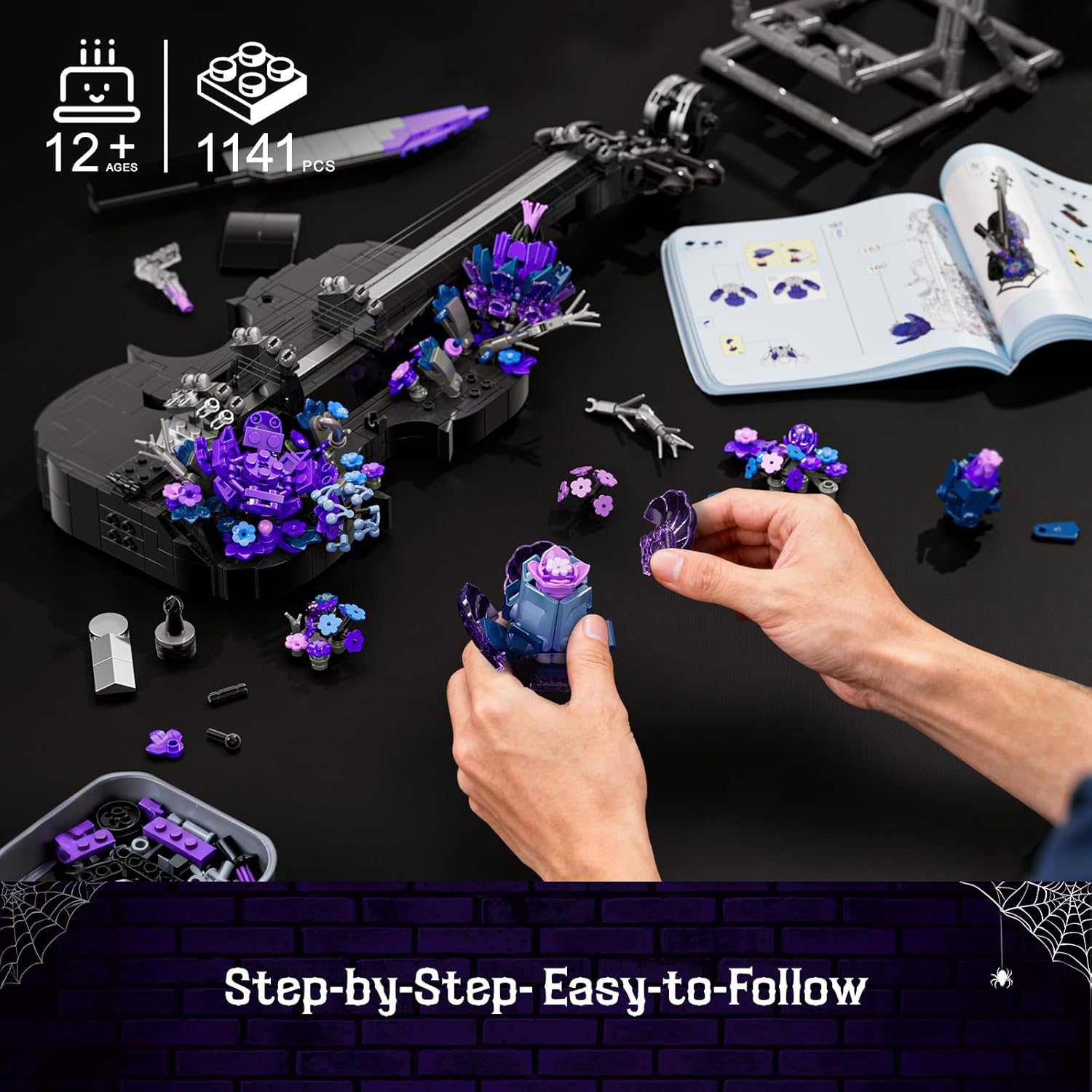 Gothic Cello wtih Black Dahlia Flower Building Block Set - Pretend Play Set for kids - Gothic Horror for Home Office Decor - Building Blocks for Kids & Adults - Birthday Gift Valentine's Day Gift