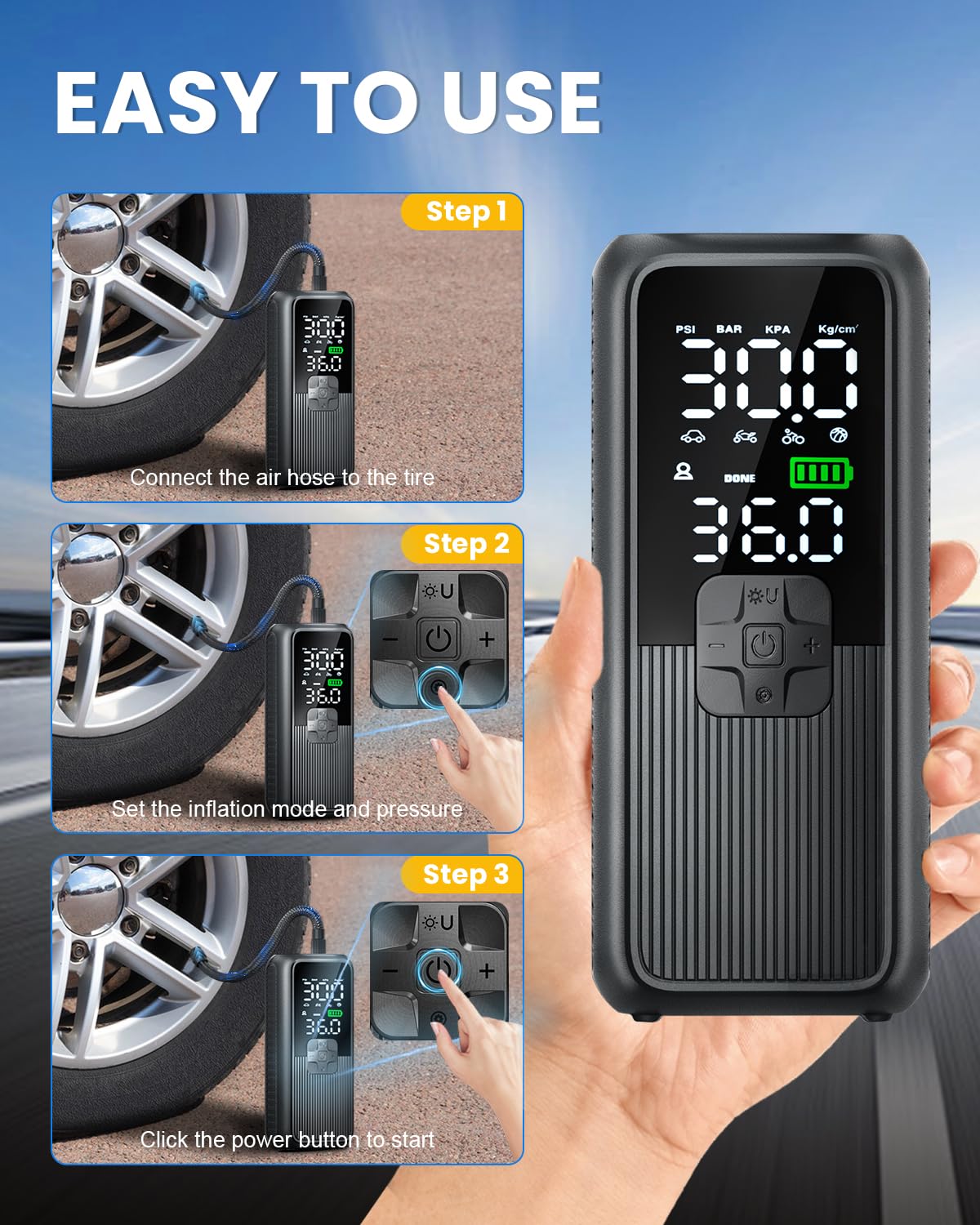 Tire Inflator Portable Air Compressor, Electric Air Pump for Car, Motorcycle, Bike, Balls with Tires Pressure Gauge, 150PSI Air Compressor Portable, Tires Pump with LED Light & Auto Shut-Off